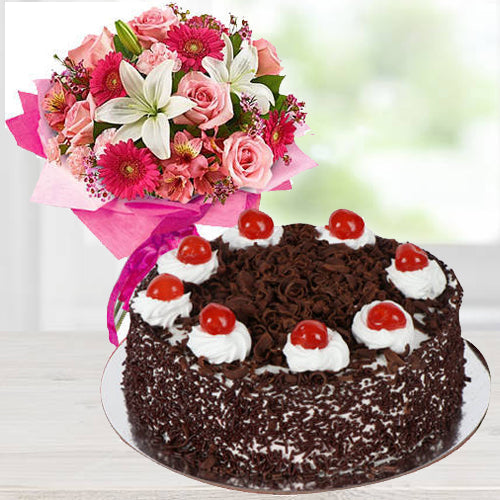Black Forest Cake 1 Lbs & Flower Bouquet