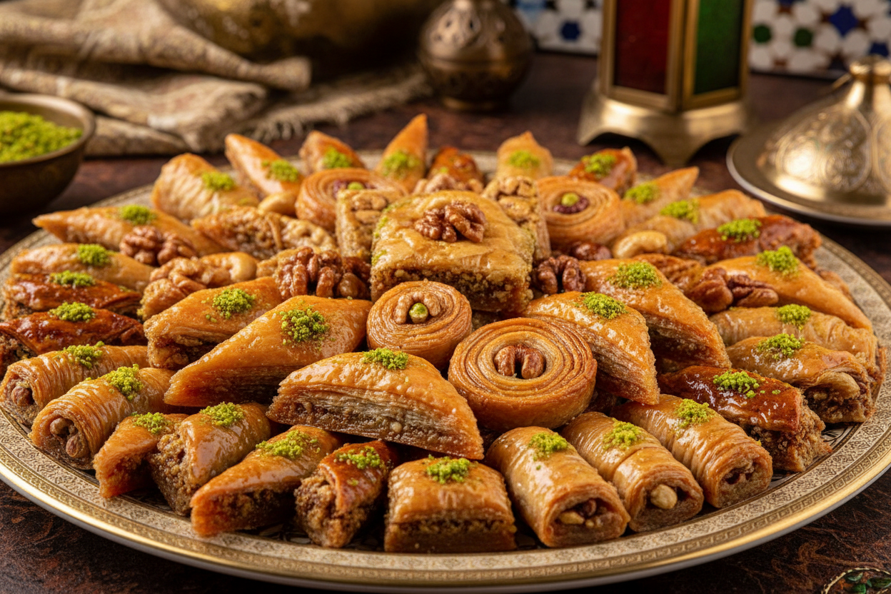 👑 1 KG ka Authentic Arabian Sweet Treasure! Yeh Baklava Mixed Sweets (Arabian Delights) ka selection Best Supplier ki taraf se curated kiya gaya hai, jo Middle East ki sabse mashhoor mithaiyon mein se ek hai. Isme paper-thin filo pastry ko chopped premium nuts (jaise pistachios, walnuts, ya cashews) se bhara jata hai, phir golden hone tak bake karke sweet, aromatic syrup ya honey mein soak kiya jata hai. Yeh mixed box aapko Arabian Delights ki variety mein various shapes aur distinct nutty flavors ka anubh