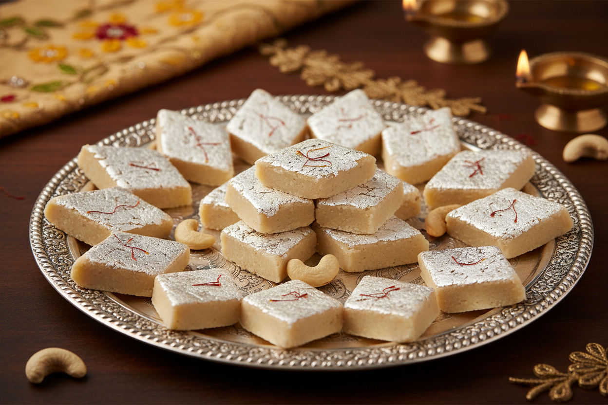 👑 1 KG ka Luxurious Cashew Delight! Yeh Kaju Barfi ka selection Best Vendors ki taraf se curated kiya gaya hai, jo traditional Indian sweets ki epitome hai. Kaju Barfi cashews (kaju) ko finely grind karke aur phir sugar syrup mein paka kar banayi jaati hai. Iski signature diamond shape aur upar se laga hua silver leaf (chandi ka warq) ise bahut elegant banata hai. Iski texture smooth, soft, aur milky hoti hai. Rich, delicate, aur har khaas mauke ke liye ek premium sweet!





⚠️ Delivery Note



This produ