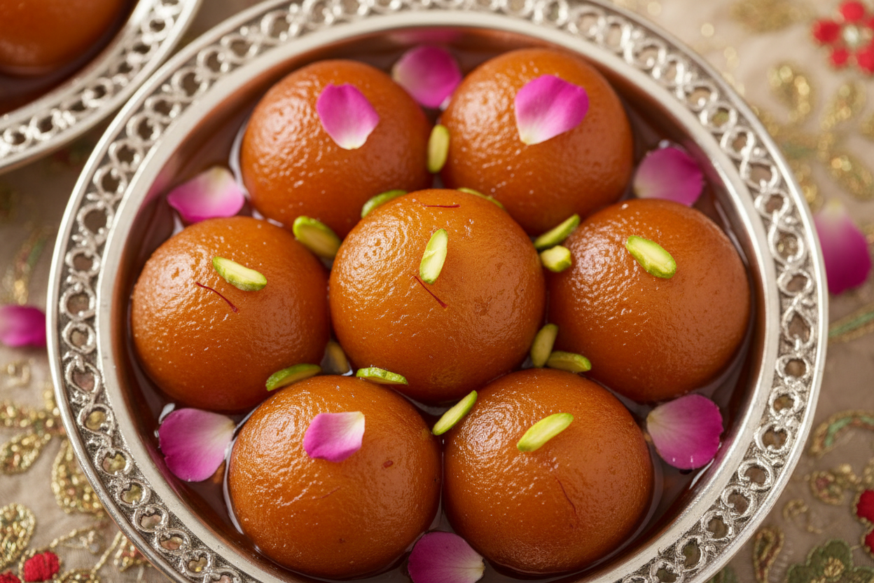 ✨ 1 KG ka Soft, Juicy, aur Aromatic Sweet Treat! Yeh Gulab Jamun ka selection Best Vendors ki taraf se curated kiya gaya hai, jo Indian/Pakistani sweets mein sabse zyada mashhoor hai. Gulab Jamun khoya (milk solids) ya mawa ke batter se banaye gaye soft, deep-fried round dumplings hote hain, jise rose-flavored sugar syrup (chaashni) mein soak kiya jata hai. Iska texture spongy aur melt-in-your-mouth hota hai, aur yeh garam ya thanda dono tareeke se mazedar lagta hai. Rich, sweet, juicy, aur har celebration 