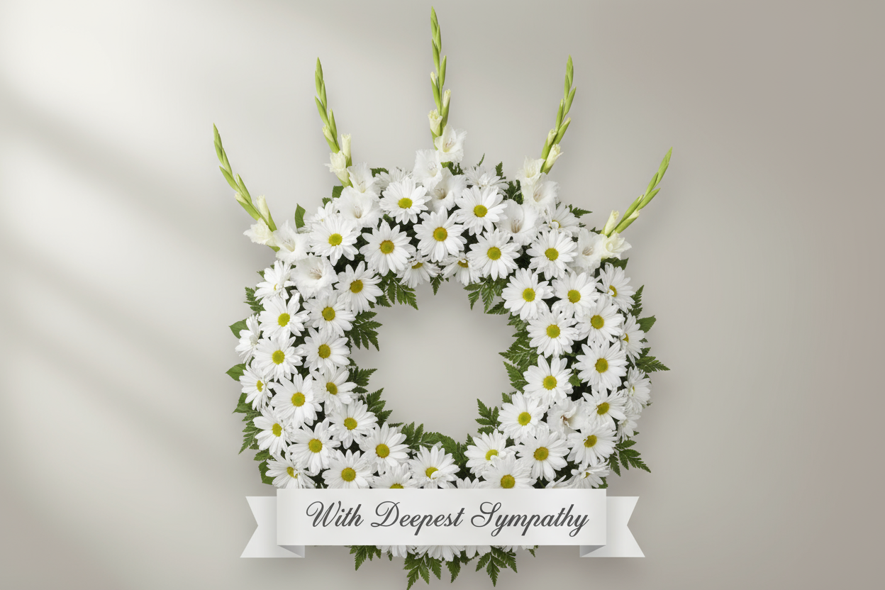 10 Daisy aur 6 Gladiolus stems ka white wreath. Condolence ke liye graceful aur respectful arrangement.

🎁 Includes:
10 Daisy stems
6 Gladiolus stems
Free greeting card &amp; delivery

💐 Perfect For:
Condolence, sympathy, ya funeral services