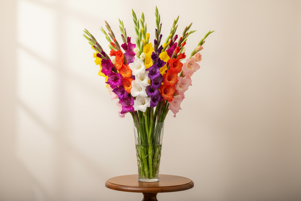 12 gladiolus phoolon ka ye bouquet quwat aur sincerity ka izhar karta hai. Har phool ek nayi energy aur elegance laata hai.

🎁 Includes:

1 Dozen taaza gladiolus phool

Free greeting card aapke paighaam ke saath

Free delivery poori Pakistan mein

💐 Perfect For:
Congratulations, respect, ya khushi ke mauqe ke liye