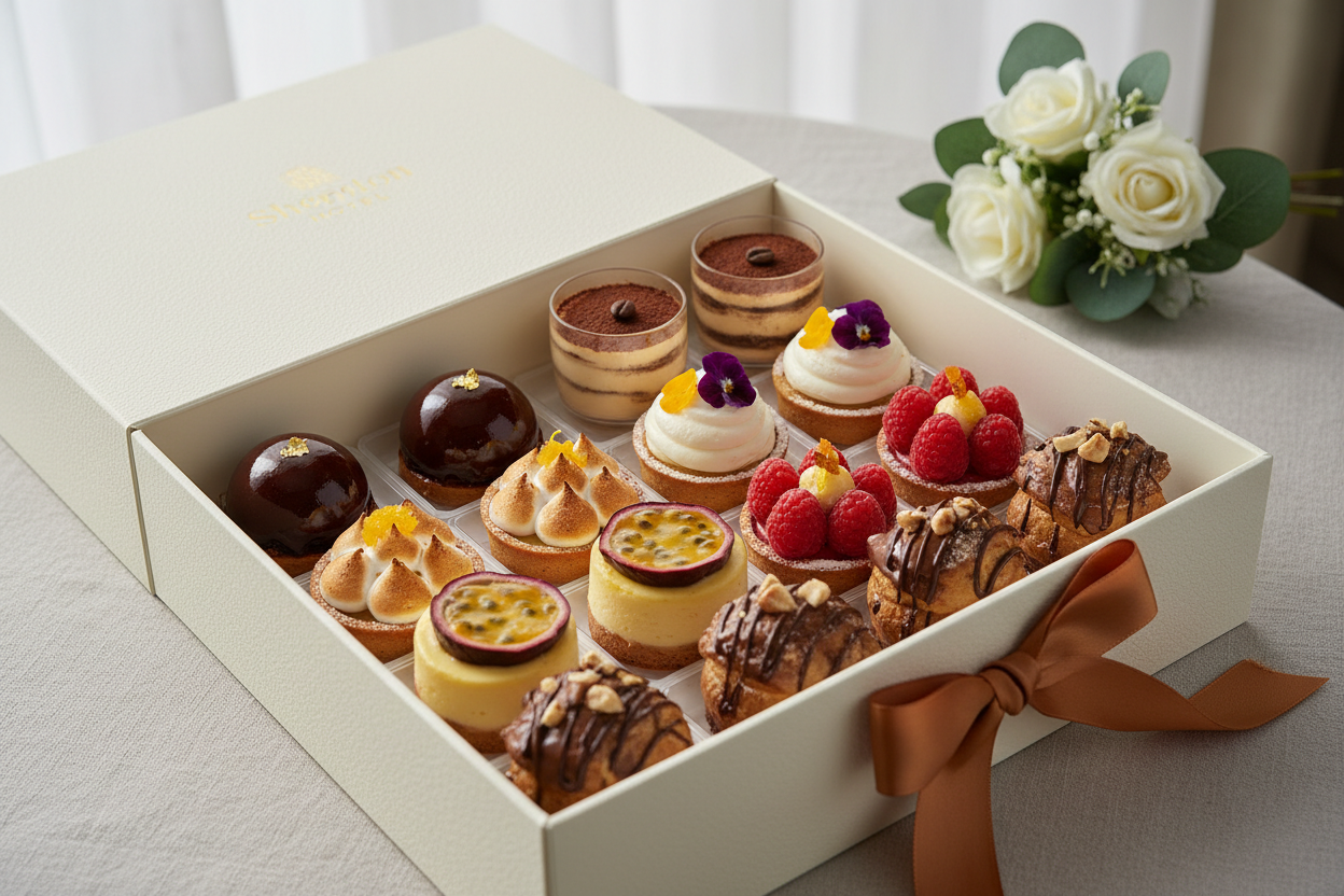 ✨ 12 Pieces ka Perfect Tasting Box! Yeh curated box Sheraton Hotel ke best-selling pastries ka selection hai, ek ideal serving size mein. Isme aapko milega chocolate, coffee, aur fruity flavors ki delicate pastries. Personal treat ke liye ya choti gathering ke liye perfect!

🎁 Includes:

12 individually-sized pieces of premium, assorted pastries.
Variety of chef's favorite flavors.
Perfect for a smaller group or gifting.

💥 Perfect For:

Small Celebrations, Dessert Tables, Gifting, ya jab aapko variety au