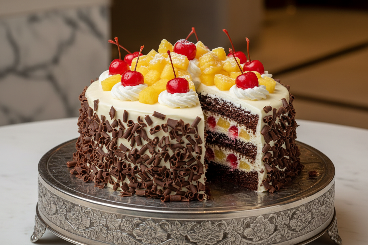 🍒 2.2 LBS ka Classic Fruity Twist! Yeh cake Black Forest ka signature taste (chocolate sponge, cream, cherries) aur sweet, juicy Pineapple ki refreshing feeling deta hai. Rich chocolate aur tart fruit ka perfect fusion! Har bite mein freshness aur indulgence ka mazza.

🎁 Includes:

2.2 LBS (Approx. $1.0 \text{ kg}$) of light chocolate sponge.

Sweet cream, cherries, aur generous pineapple pieces ki filling.

Finished with chocolate shavings aur fruit garnish.

From Nishat Hotel Lahore
