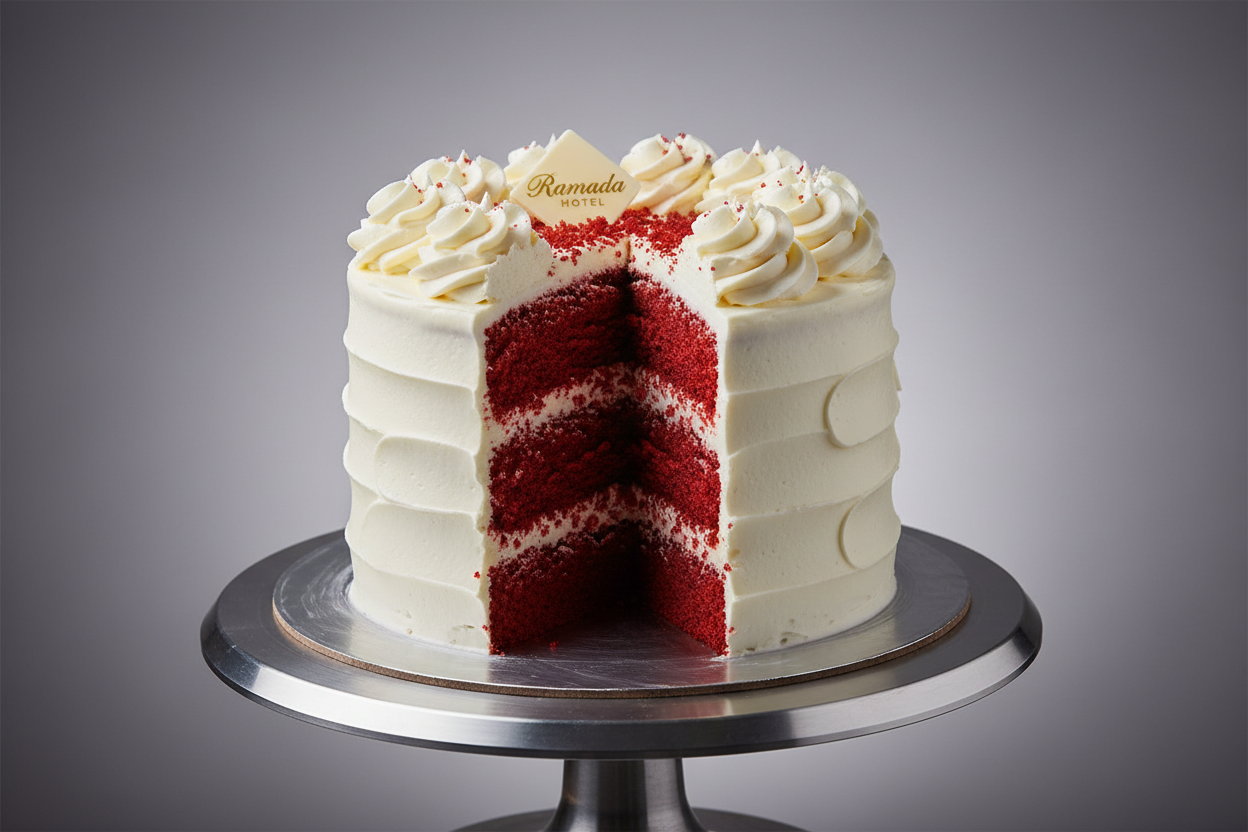 🌹 2.2 LBS ka Classic Red Elegance! Yeh Ramada Hotel ka signature Red Velvet Cake hai. Moist, soft, aur vibrant red cocoa sponge layers, jise creamy aur tangy cream cheese frosting ki generous layers se stack kiya gaya hai. Soft, moist, rich, aur har Red Velvet enthusiast ke liye ek perfect indulgence!

⚠️ Delivery Note

This product is available for delivery in Lahore only.

🎁 Includes:

2.2 LBS (Approx. $1.0 \text{ kg}$) of vibrant red cocoa sponge cake.

From Ramada Hotel Lahore
