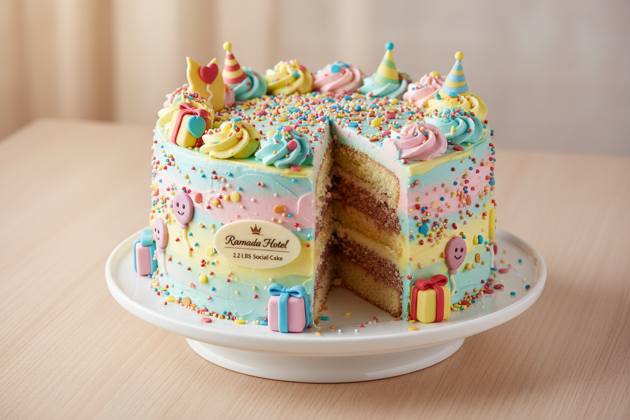 ✨ 2.2 LBS ka Festive aur Mazedaar Treat! Yeh Ramada Hotel (Islamabad/Pindi) ka special Social Cake hai, jo party aur socializing ke liye design kiya gaya hai. Isme aksar vanilla ya light chocolate sponge layers ko brightly colored, light cream/buttercream frosting se cover kiya jata hai, aur colorful sprinkles ya festive decorations se garnish kiya jata hai. Soft, moist, aur har party ke liye ek mazedaar aur visually appealing treat!

⚠️ Delivery Note

This product is available for delivery in Islamabad / R