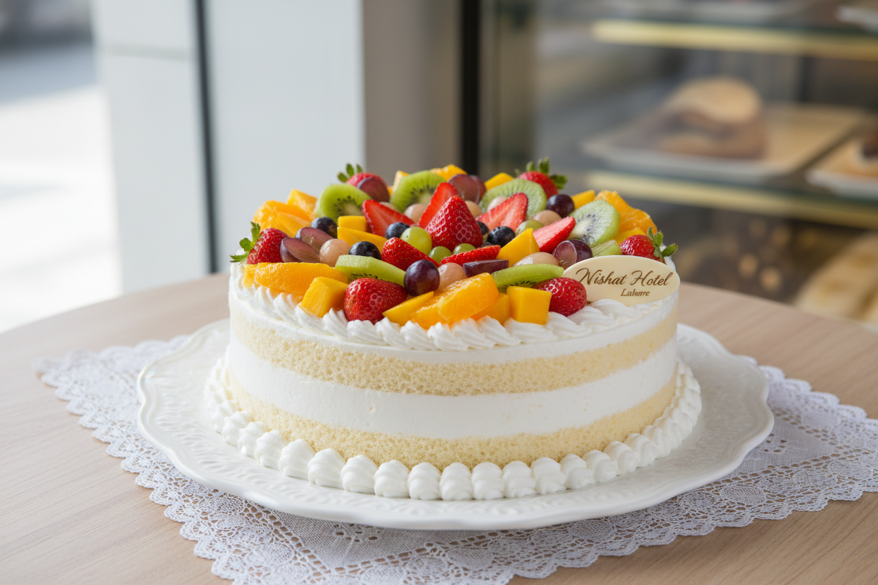 ✨ 2.2 LBS ka Fresh aur Flavorful Delight! Yeh Nishat Hotel ka classic Fruit Cake hai—light, moist vanilla sponge layers, jise smooth, sweet cream aur seasonal fresh fruits ki generous amount se layered kiya gaya hai. Har bite mein freshness aur classic taste ka mazza!

⚠️ Special Note

This product may differ from pictures as per seasonal fruits. Decoration aur fruit selection available fresh fruit par depend karega.

🎁 Includes:
From Nishat Hotel Lahore
