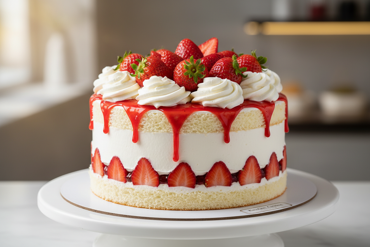 ✨ 2.2 LBS ka Fresh Strawberry Delight! Yeh Kitchen Cuisine (Islamabad/Pindi) ka popular Strawberry Cake hai. Light, fluffy sponge layers, jise sweet whipped cream aur fresh strawberry slices ya strawberry filling ki generous layers se stack kiya gaya hai. Soft, moist, fruity, aur har strawberry lover ke liye ek light aur appealing treat!



⚠️ Delivery Note



This product is available for delivery in Islamabad / Rawalpindi (ISB/PINDI) only.



🎁 Includes:



2.2 LBS (Approx. $1.0 \text{ kg}$) of light, mo