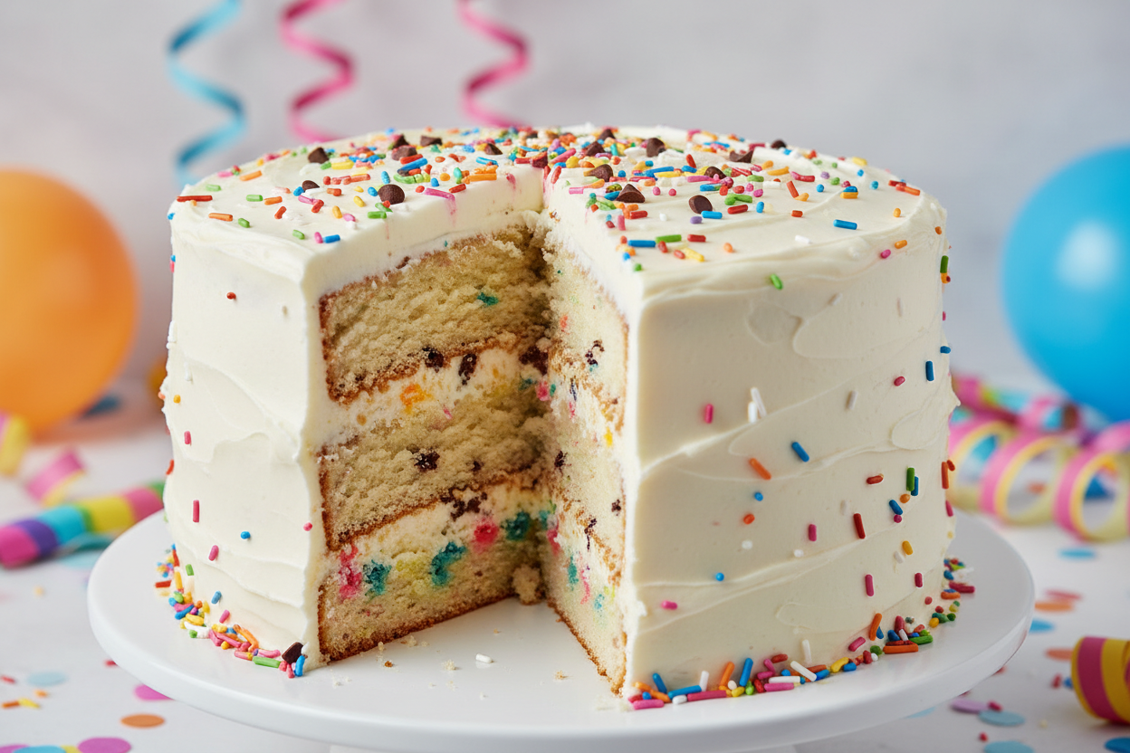 🎉 2.2 LBS ka Fun aur Colorful Surprise! Yeh Kitchen Cuisine (Islamabad/Pindi) ka special Speckled Cake hai. Isme aksar light vanilla sponge cake ko colorful sprinkles ya chocolate speckles se decorate kiya jata hai, ya toh batter ke andar aur/ya creamy frosting ke upar. Iska look festive aur playful hota hai. Soft, moist, aur har party ya casual treat ke liye perfect!



⚠️ Delivery Note



This product is available for delivery in Islamabad / Rawalpindi (ISB/PINDI) only.



🎁 Includes:



2.2 LBS (Approx