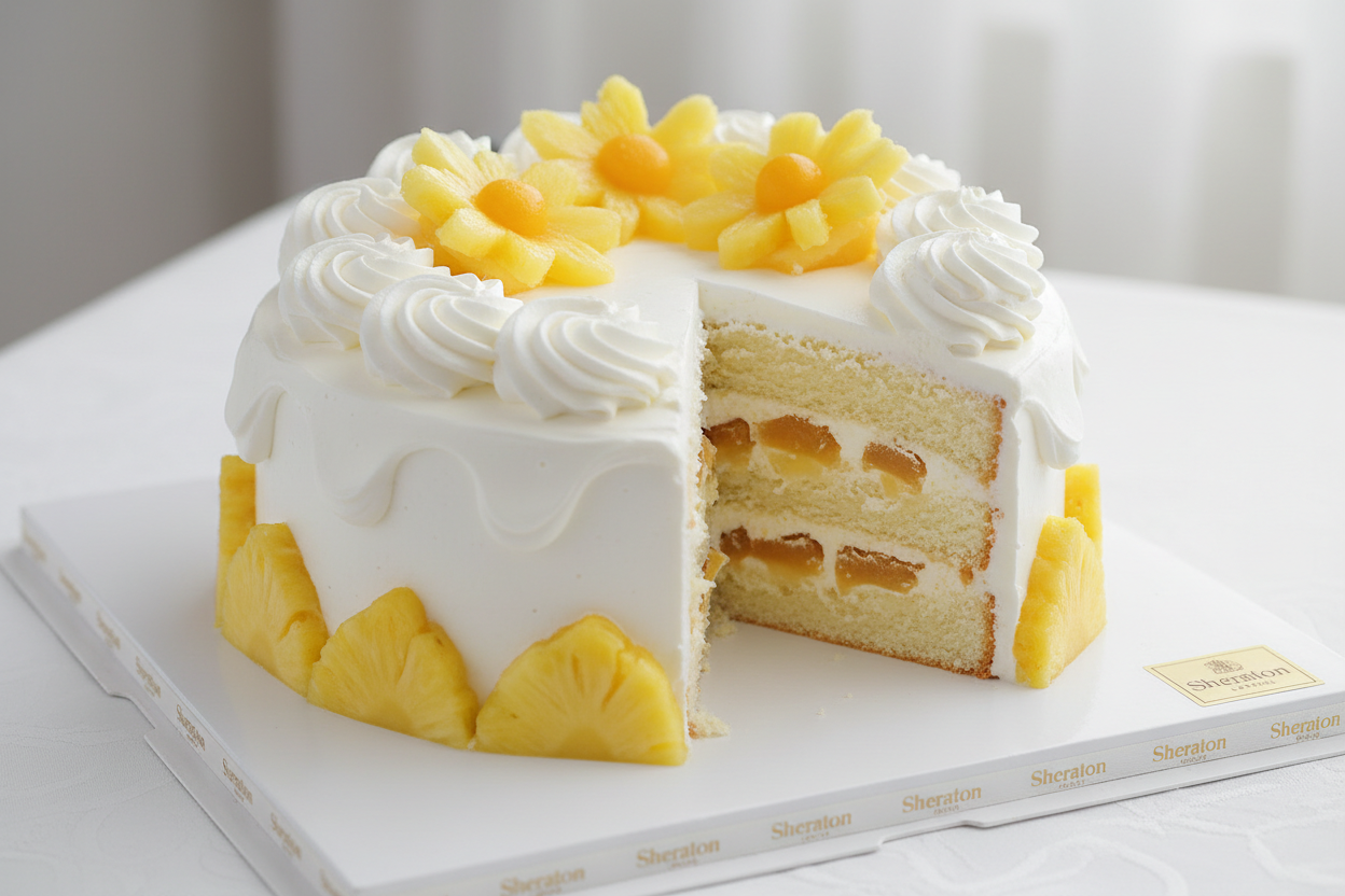 2.2 LBS ka taaza aur behtareen Pineapple Cake! Sheraton Hotel Lahore ki taraf se yeh cake halke sponge, creamy frosting, aur taaze pineapple ke zaiqe se bana hua hai. Iska refreshing aur light zaiqa har choti celebration ko khaas bana dega.

🎁 Includes:

2.2 LBS (Approx. 1 kg) of light sponge cake with a vibrant pineapple flavor.

Layered and garnished with pineapple pieces and high-quality cream.

Elegant and fresh presentation.

Free custom message piping &amp; delivery.

🍹 Perfect For: Small Gatherings