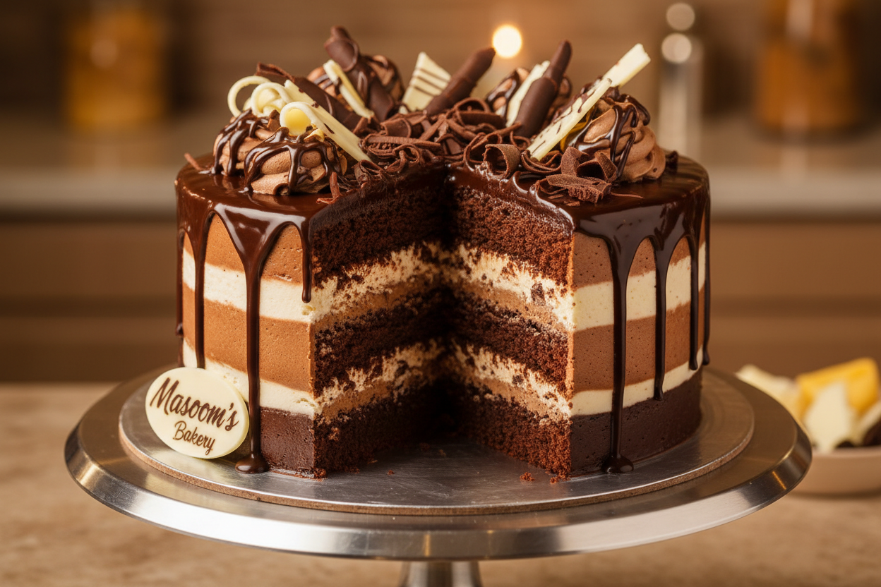 ✨ 2.5 LBS ka Flavors ka Masterpiece! Yeh Masoom's Bakery ka signature Symphony Cake hai, jise mixed chocolate flavors (aksar dark, milk, aur white chocolate) ki layers se banaya jata hai. Moist sponge layers ke beech creamy ganache aur mousse ki filing hoti hai. Soft, rich, indulgent, aur har bite mein different chocolate notes ka mazza!

⚠️ Delivery Note

This product is available for delivery in Lahore only.

🎁 Includes:

2.5 LBS (Approx. $1.15 \text{ kg}$) of moist cake layers

From Masoom Bakers Lahore