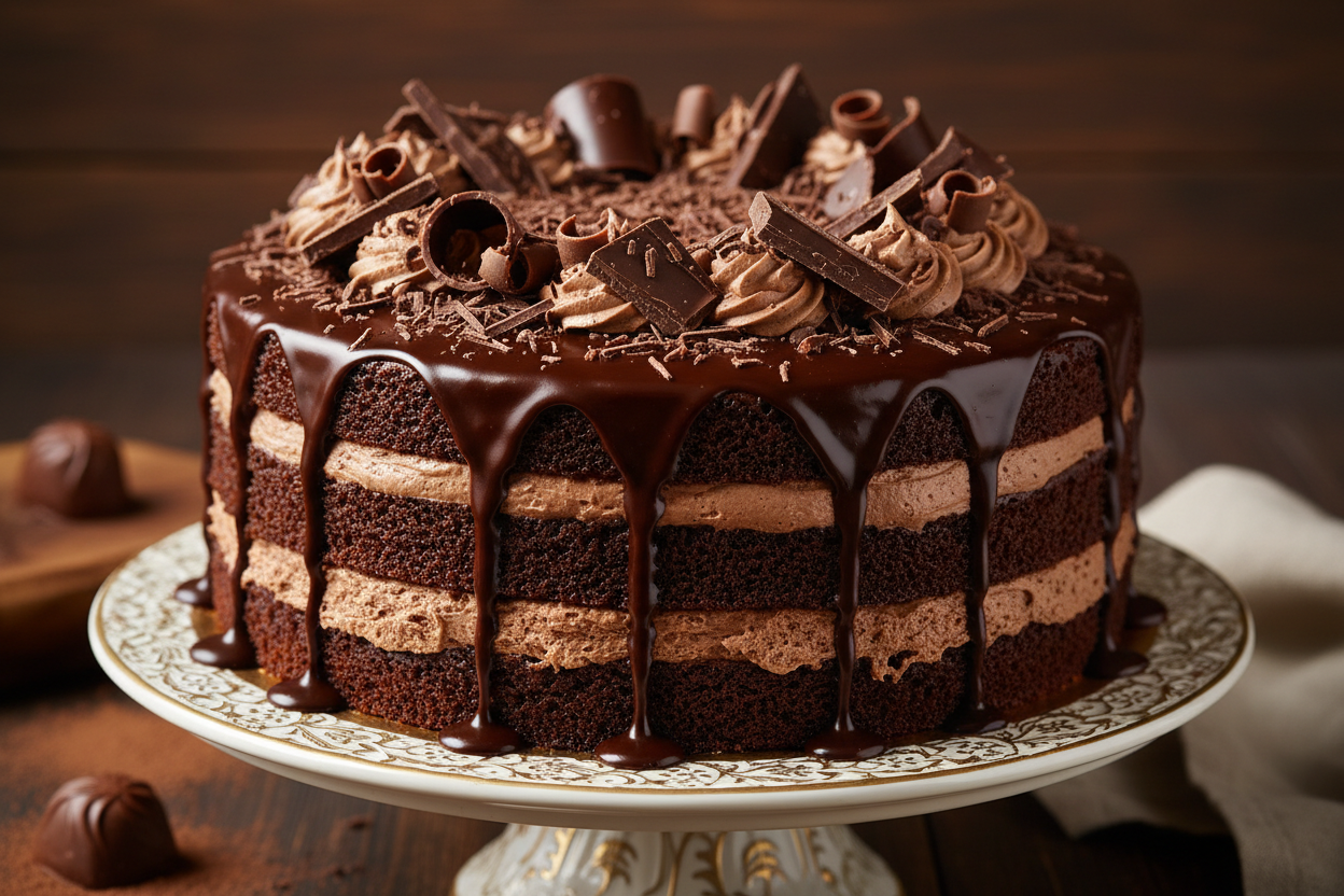 🔥 2.5 LBS ka Legendary Chocolate Overload! Naam hi kaafi hai! Yeh cake pure chocolate layers, filling, frosting aur topping se banaya gaya hai. It is the quintessential chocolate cake—rich, moist, ganache-covered, aur itna powerful ke yeh chocolate lovers ko heaven mein bhej dega. Har bite mein chocolate ka jhatka!

🎁 Includes:
2.5 LBS (Approx. 1.15 \text{ kg}) of maximum chocolate content cake.
Multiple forms of chocolate: sponge, mousse/cream, ganache.
From Gelato Affairs Karachi
