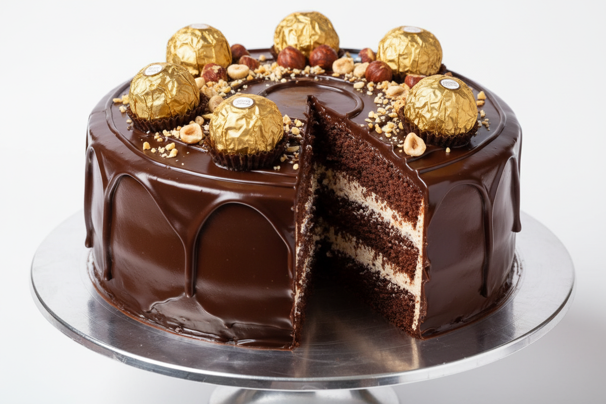 ✨ 2.5 LBS ka Luxurious Ferrero Delight! Yeh Layers Bakery ka high-end cake hai, jo Ferrero Rocher chocolate ke signature taste ko capture karta hai. Moist chocolate layers, jise creamy, hazelnut-infused frosting aur crunchy nuts se layered kiya gaya hai. Upar se genuine Ferrero Rocher chocolates se garnish kiya gaya hai. Luxurious, creamy, aur har bite mein high-quality indulgence!

⚠️ Delivery Note

This product is available for delivery in Lahore only.
From Layers Bake Shop Lahore

