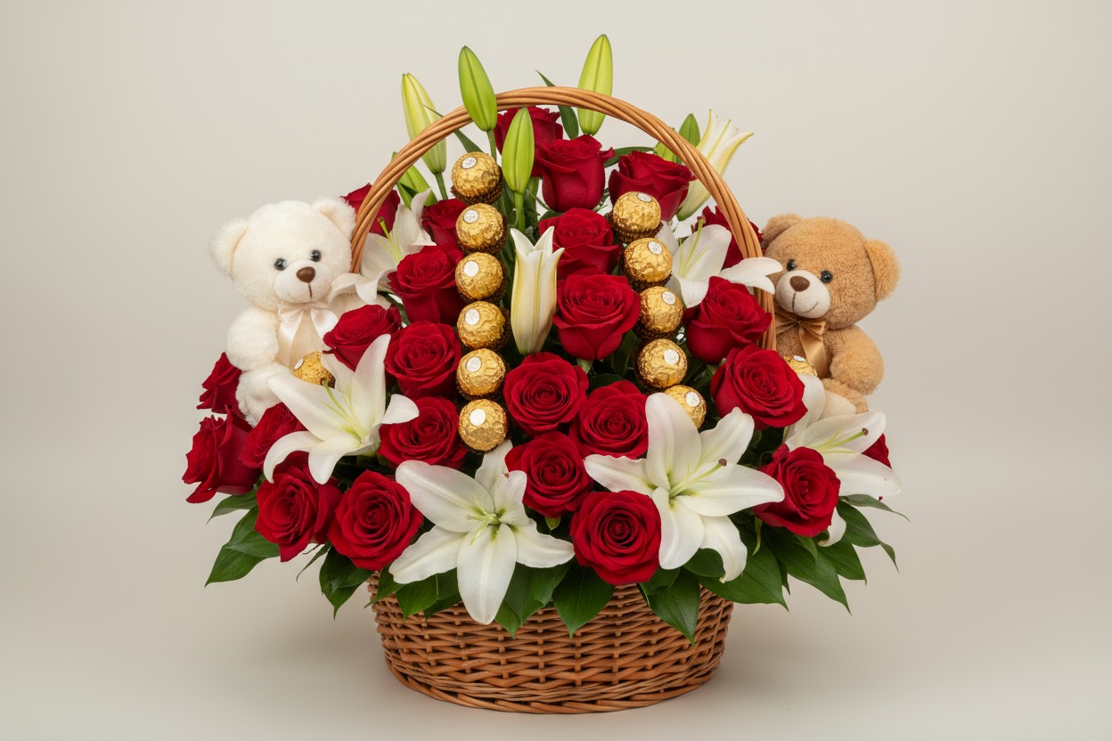 2 Dozen Red Roses, White Lily, 16 Ferrero Rocher chocolates aur 2 chhoti teddy bears cane basket mein. Pyaar ka perfect izhar!

🎁 Includes:
2 Dozen Roses
White Lily
16 Ferrero Rocher
2 Small Teddy Bears
Free greeting card &amp; delivery

💐 Perfect For:
Valentine’s Day, anniversary, ya romantic surprise