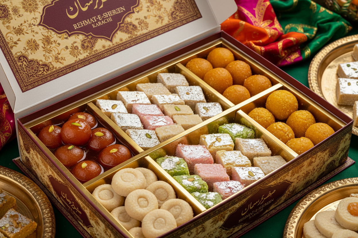 ✨ 2 KG ka Authentic, Traditional Sweet Assortment! Yeh Rehmat-e-Shereen (Karachi) ka classic Mix Mithai box hai. Rehmat-e-Shereen Karachi mein apni high-quality, fresh ingredients, aur traditional flavors ke liye mashhoor hai. Is assortment box mein inki sabse mashhoor mithaiyon ka mixture shamil hota hai, jaise Gulab Jamun, Barfi, Cham Cham, Ladoo, aur Peda. Soft, fresh, rich, aur har Pakistani celebration ke liye ek delightful treat!



⚠️ Delivery Note



This product is sourced exclusively from Rehmat-e