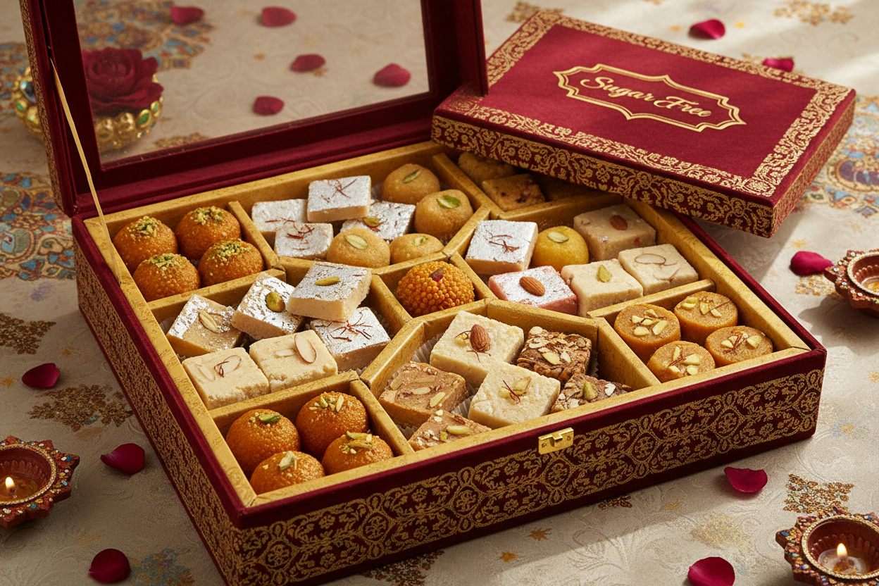 ✨ 2 KG ka Healthy aur Guilt-Free Indian Sweet Treat! Yeh Sugar-Free Mithai ka selection Best Vendors ki taraf se curated kiya gaya hai, jo traditional taste ko maintain karte hue sugar ki jagah natural/artificial sweeteners (jaise Stevia, sucralose, ya sugar alcohols) ka use karte hain. Yeh mithai Diabetic-friendly hai aur un logon ke liye perfect hai jo apni sugar intake control karna chahte hain.

Note: Suppliers ki availability ke karan, is box mein limited variety (kam types) ya sirf single variety (jai