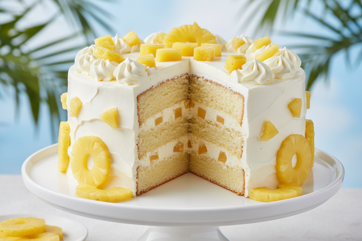 2 LBS ka fresh aur tangy Pineapple Cake! Pineapple ke halke aur tangy zaiqe se bana hua yeh cake refreshing aur light hota hai. Cream aur pineapple chunks ka combination isko ek adaa aur mazedaar mithaas deta hai.

🎁 Includes:

2 LBS (Approx. 0.9 kg) of light sponge cake with pineapple flavor
Layered and garnished with pineapple pieces
Free custom message piping
From Pie in the Sky Bakery Karachi
