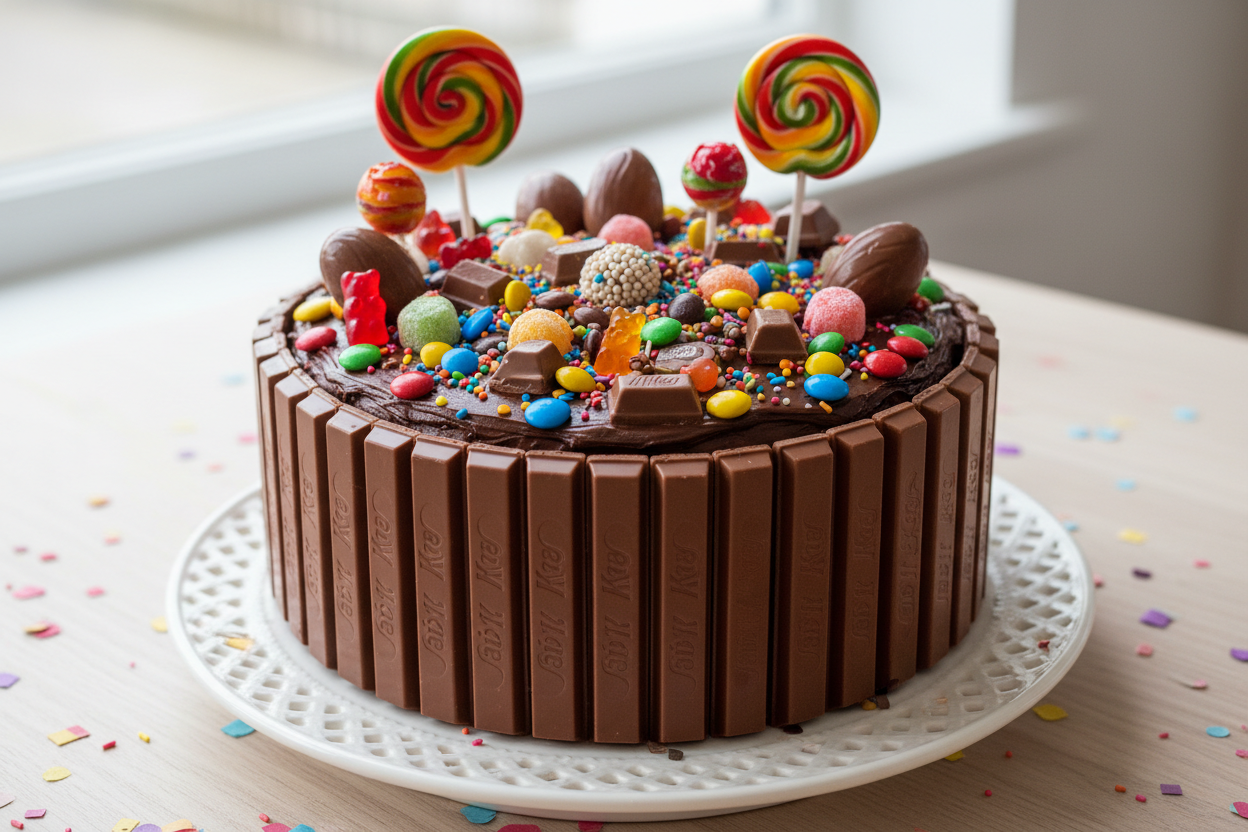 2 LBS ka fun aur crunchy Kit Kat Cake! Is cake ki side walls asli Kit Kat fingers se saji hoti hain aur upar colorful chocolates ki topping hoti hai. Unique presentation aur mazedaar zaiqa isko ek instant party hit bana deta hai.

🎁 Includes:

2 LBS (Approx. 0.9 kg) of rich chocolate cake
Fully bordered with real Kit Kat chocolate fingers
Topped with assorted candies
Free custom message piping
From Ideal Bakery Karachi
