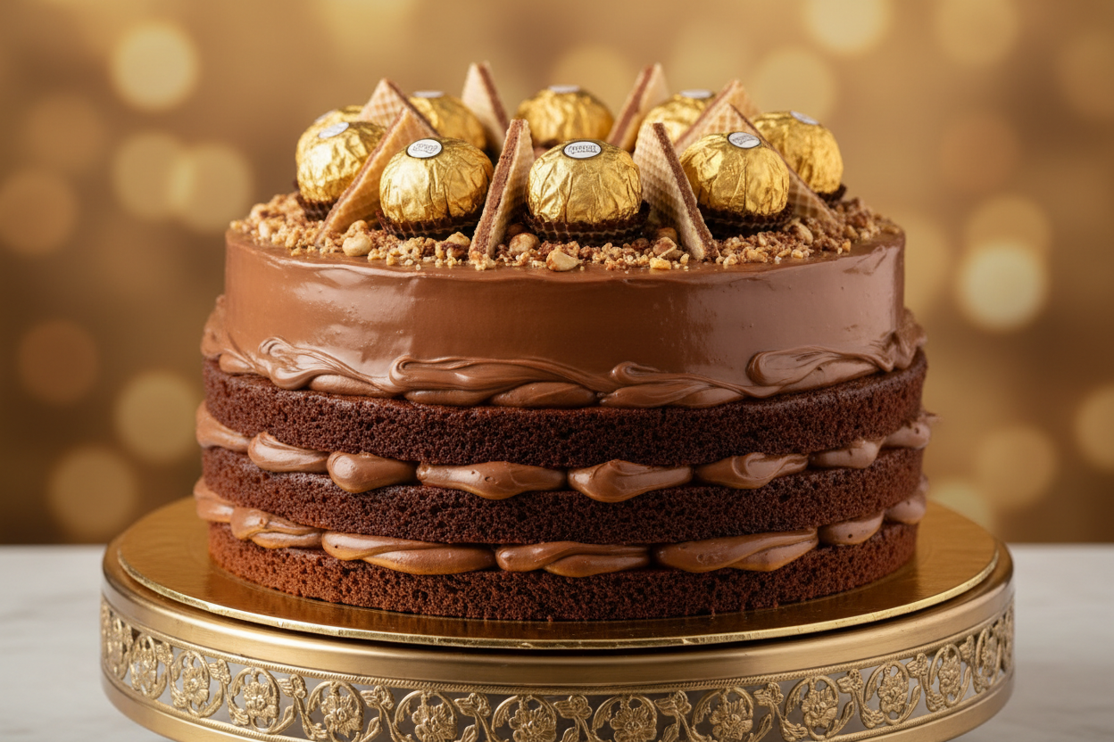 ✨ 2 LBS ka Hazelnut aur Chocolate Masterpiece! Ferrero Rocher chocolate ke luxurious taste ko cake mein transform kiya gaya hai. Hazelnut-infused chocolate layers, creamy Nutella-style frosting aur crunchy wafer/hazelnut pieces. Upar se genuine Ferrero Rocher chocolates se garnish kiya gaya hai. Ultimate nut and chocolate experience!

🎁 Includes:
2 LBS (Approx. 0.9 \text{ kg}) of hazelnut chocolate cake.
Rich Nutella-like/Hazelnut frosting.
Garnished with Ferrero Rocher chocolates 
From Sacha`s Baking Arti