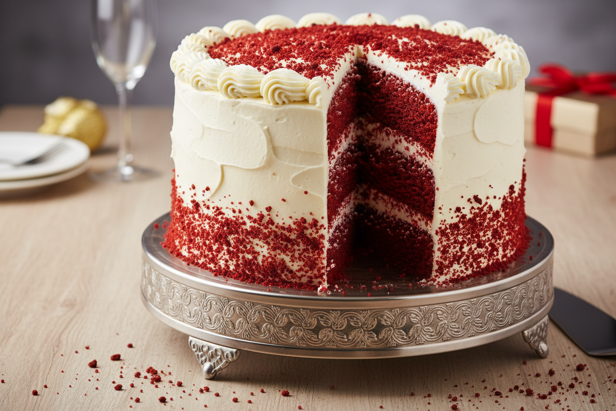 ❤️ 2 LBS ka iconic Red Velvet Cake! Yeh cake soft, moist aur beautifully colored hai, jo creamy aur tangy cream cheese frosting ki generous layer se cover kiya gaya hai. Iska subtle cocoa flavor aur velvety texture ise har occasion ke liye perfect treat banata hai.

🎁 Includes:
2 LBS (Approx. 0.9 \text{ kg}) of moist, vibrant red cocoa sponge cake.
Rich, signature cream cheese frosting.
Classic, elegant finish, often garnished with cake crumbs.
From Del Frio Bakery Karachi
