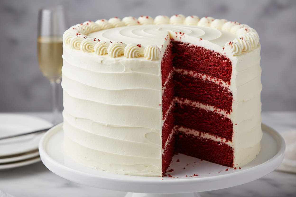 2 LBS ka khoobsurat Red Velvet Cake! Iska halka cocoa flavor aur tangy cream cheese frosting ka combination isko ek shandaar aur pasandeeda cake banata hai. Red color aur behtareen zaiqa har celebration ke liye elegant choice hai.

🎁 Includes:

2 LBS (Approx. 0.9 kg) of striking Red Velvet Cake
Topped with classic, tangy cream cheese frosting
Free custom message piping
From Pie in the Sky Bakery Karachi
