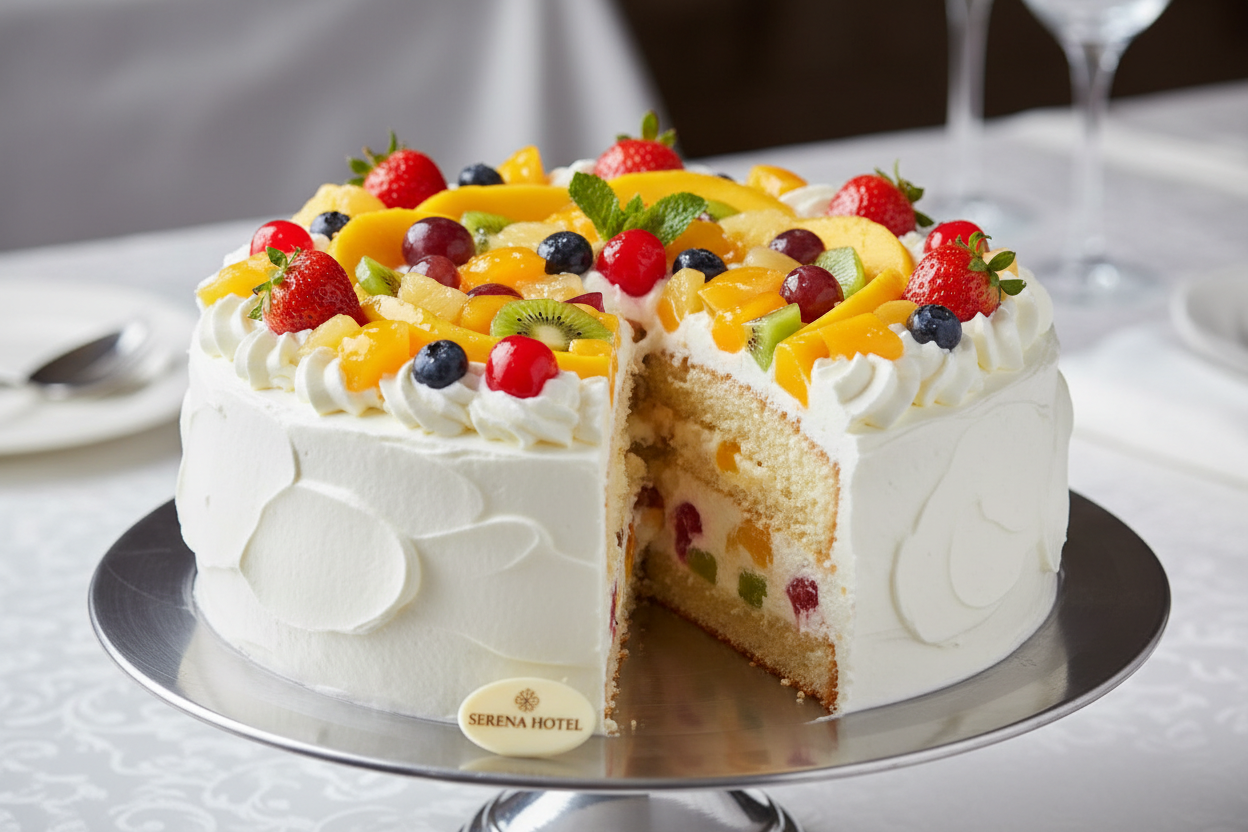 ✨ 2 LBS ka Light aur Refreshing Fruity Delight! Yeh Serena Hotel (Islamabad/Pindi) ka premium Fruit Cocktail Cake है.1 Isme light, airy sponge layers ko fresh whipped cream aur mixed fruit cocktail (jaise pineapples, peaches, cherries, aur seasonal fruits) ki generous layers se stack kiya gaya hai. Cake ki outer surface ko bhi colorful fresh ya glazed fruits se beautifully garnish kiya jata hai. Soft, moist, refreshing, aur choti celebrations ke liye ek visually appealing aur balanced treat!





⚠️ Deliver