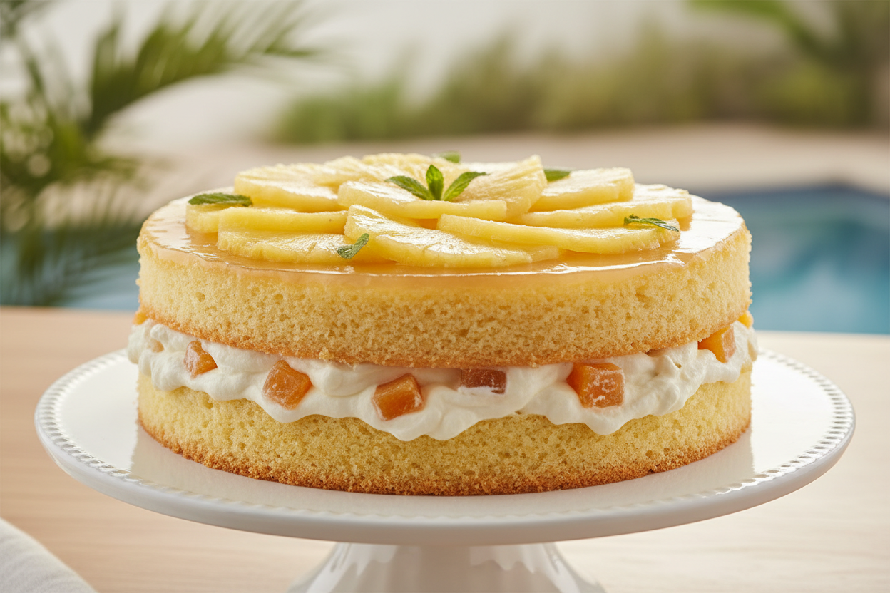 🍍 2 LBS ka Sweet aur Tangy Refreshment! Yeh hai light, fluffy cake layers, jise sweet, juicy Pineapple chunks aur light cream ki filling se layered kiya gaya hai. Upar se bhi fresh pineapple slices se garnish kiya gaya hai. Fruity, creamy, aur har bite mein summer ka mazza!

🎁 Includes:
2 LBS (Approx. 0.9 \text{ kg}) of soft, light sponge cake.
Sweet cream and generous pineapple pieces.
Topped with pineapple slices and often a light glaze.
From Sacha`s Baking Artist Karachi