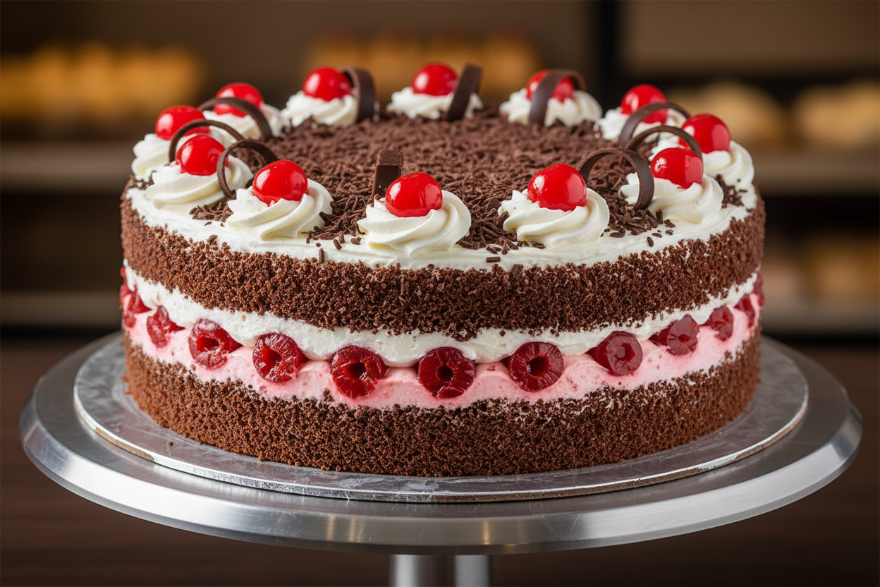 🎩 2 LBS ka Time-Tested Classic! Yeh hai authentic Black Forest Cake. Light chocolate sponge layers, jise kirsch-soaked cherries, fresh whipped cream, aur dark chocolate shavings se lavishly assembled kiya gaya hai. Rich, creamy, aur ek dam classic!

🎁 Includes:
2 LBS (Approx. 0.9 \text{ kg}) of light chocolate sponge.
Sweetened whipped cream and maraschino cherries.
Finished with dark chocolate shavings.
From Sacha`s Baking Artist Karachi