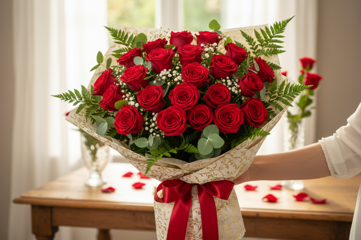 24 Red Roses Flower Bunch ek pur-taas aur pur-jazbaat gift hai jo mohabbat, junoon, aur gehraai se bhara hai. Chaahe birth-day ho, anniversary ho, ya koi lamha jahan chaho ke dil ki baat lafzon se zyada hasratein sunayee dein — 24 gehra-surat red rose ek bay-misal izhar hain.

Har gulab carefully handpicked hai taaza rang, moti petal, aur lembha mehakta rehne wali adornment ke liye. Bouquet hai lush green fillers ke saath, elegant wrapping aur ribbon finish ke sath — show-stopper presentation ke liye.