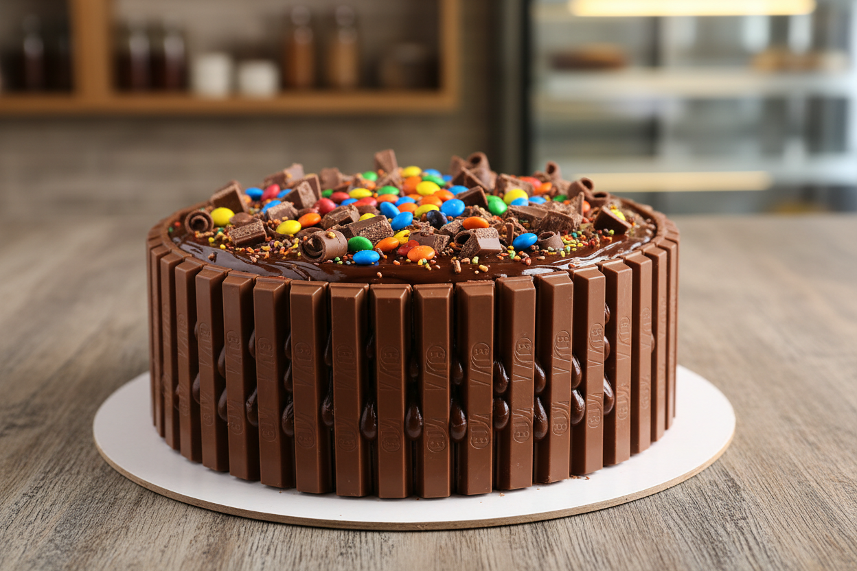 ✨ 3.5 LBS ka Crunchy Chocolate Fantasy! Yeh Jammin Java Bakers (Faisalabad) ka trending Kitkat Cake hai. Isme moist chocolate sponge layers ko rich chocolate cream/ganache se layered kiya jata hai, aur cake ki side walls ko crispy Kitkat bars se cover kiya jata hai. Upar se aksar colorful candies (like M&amp;Ms) ya extra chocolate pieces se garnish kiya jata hai. Soft, creamy center ke saath crunchy chocolate boundary—ek fun aur visually appealing, bada treat!



⚠️ Delivery Note



This product is availabl