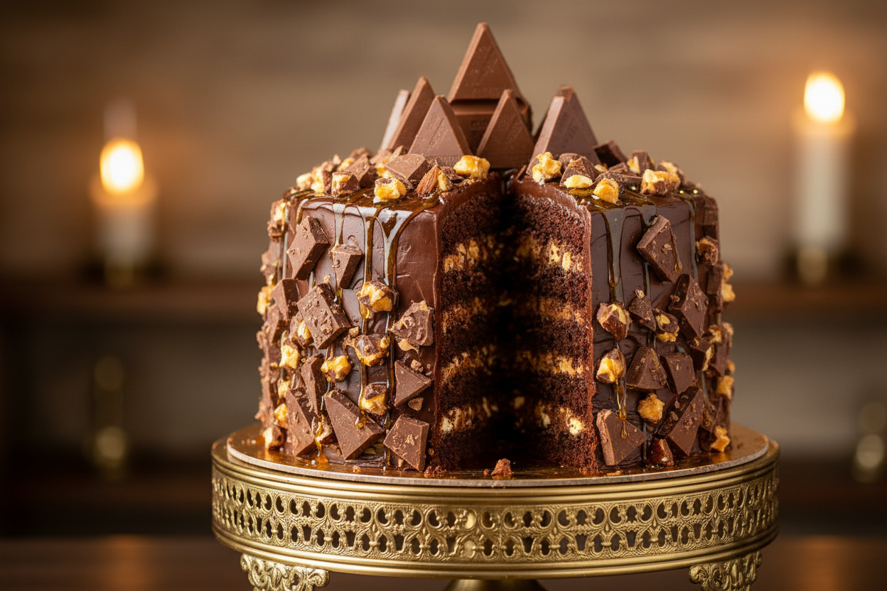 🍫 3.5 LBS ka Honey-Nougat Chocolate Fantasy! Yeh Jammin Java Bakers (Faisalabad) ka special Toblerone Cake है. Isme moist chocolate sponge layers ko rich chocolate frosting aur crunchy Toblerone chocolate pieces (almonds, honey, aur nougat ka signature blend) ki generous filling aur topping se layered kiya jata hai. Yeh cake Toblerone ke unique triangular shape aur distinctive sweet, nutty flavor se inspired hota hai. Soft, crunchy, and an adventurous chocolate treat!



⚠️ Delivery Note



This product is