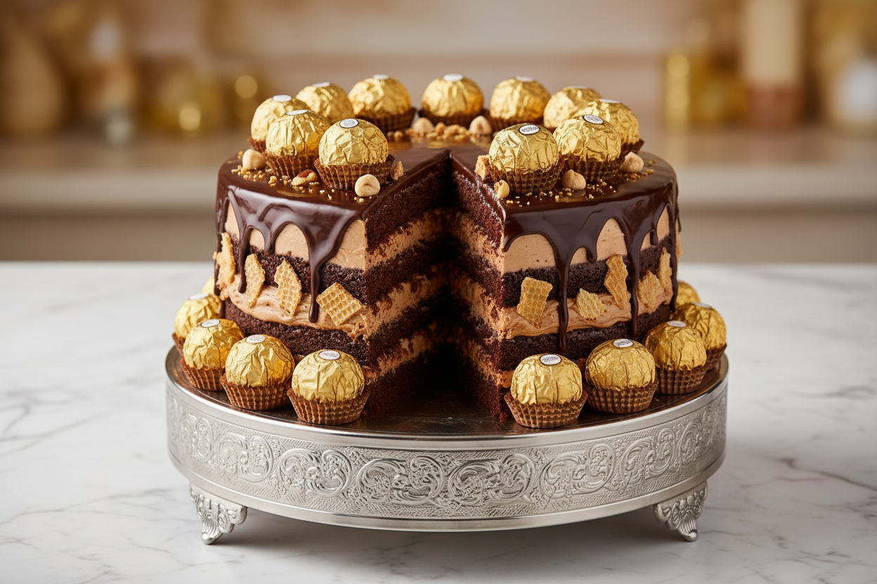 ✨ 3.5 LBS ka Royal Chocolate Indulgence! Yeh Masoom's Bakery ka ultimate luxurious cake hai. Moist chocolate sponge layers, jise creamy hazelnut-chocolate ganache aur crunchy wafer pieces (Ferrero Rocher ke signature elements) se layered kiya gaya hai. Poore cake ko rich chocolate se cover karke genuine Ferrero Rocher chocolates se garnish kiya gaya hai. Full-size, rich, crunchy, aur har celebration ke liye shandaar!

⚠️ Delivery Note

From Masoom Bakers Lahore
