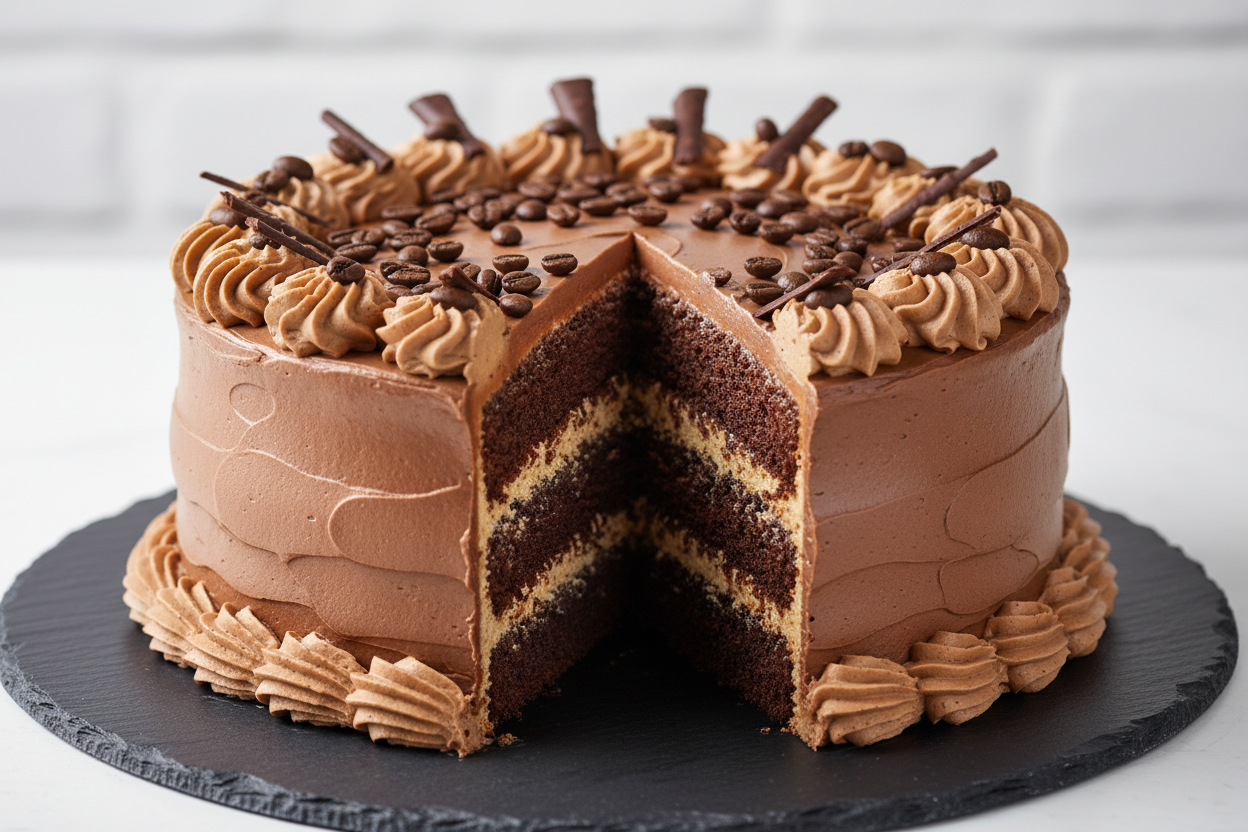 3 LBS ka rich aur aromatic Mocha Java Cake! Coffee (Java) aur chocolate (Mocha) ka yeh powerful aur sophisticated zaiqa un logon ke liye hai jo gehre flavors pasand karte hain. Iska zaiqa bohat hi teekha aur zaiqedaar hota hai.

🎁 Includes:

3 LBS (Approx. 1.35 kg) of cake with a strong coffee and chocolate flavor profile
Rich, aromatic, and slightly bitter finish
Free custom message piping
From Pie in the Sky Bakery Karachi
