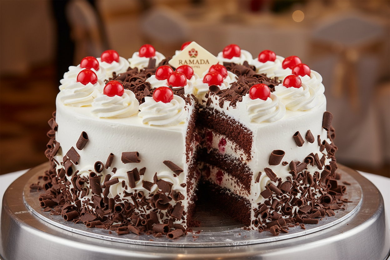 🎩 4.4 LBS ka Grand Chocolate-Cherry Classic! Yeh Ramada Hotel (Islamabad/Pindi) ka signature Black Forest Cake hai. Isme moist chocolate sponge layers ko fresh whipped cream, sweet preserved cherries, aur dark chocolate shavings ki generous layers se stack kiya gaya hai. Full-size, rich, soft, aur large gatherings ke liye ek perfect celebratory cake!



⚠️ Delivery Note



This product is available for delivery in Islamabad / Rawalpindi (ISB/PINDI) only.



🎁 Includes:



4.4 LBS (Approx. $2.0 \text{ kg}$