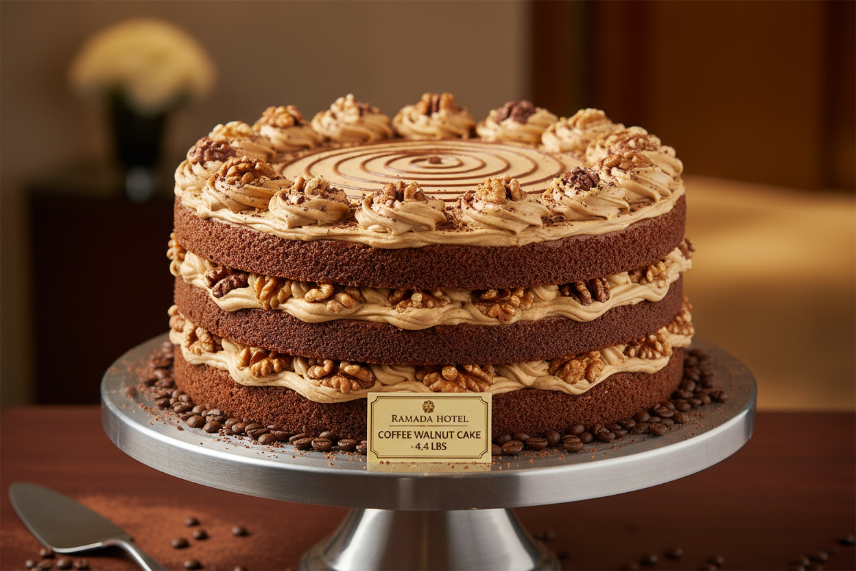 ✨ 4.4 LBS ka Grand Coffee aur Akhrot ka Fusion! Yeh Ramada Hotel (Islamabad/Pindi) ka signature Coffee Walnut Cake hai. Isme moist sponge layers ko rich, aromatic coffee-flavored frosting aur crunchy walnuts ki generous filling se layered kiya gaya hai. Full-size, aromatic, soft, aur large gatherings ke liye ek comforting aur nutty treat!



⚠️ Delivery Note



This product is available for delivery in Islamabad / Rawalpindi (ISB/PINDI) only.



🎁 Includes:



4.4 LBS (Approx. $2.0 \text{ kg}$) of moist co