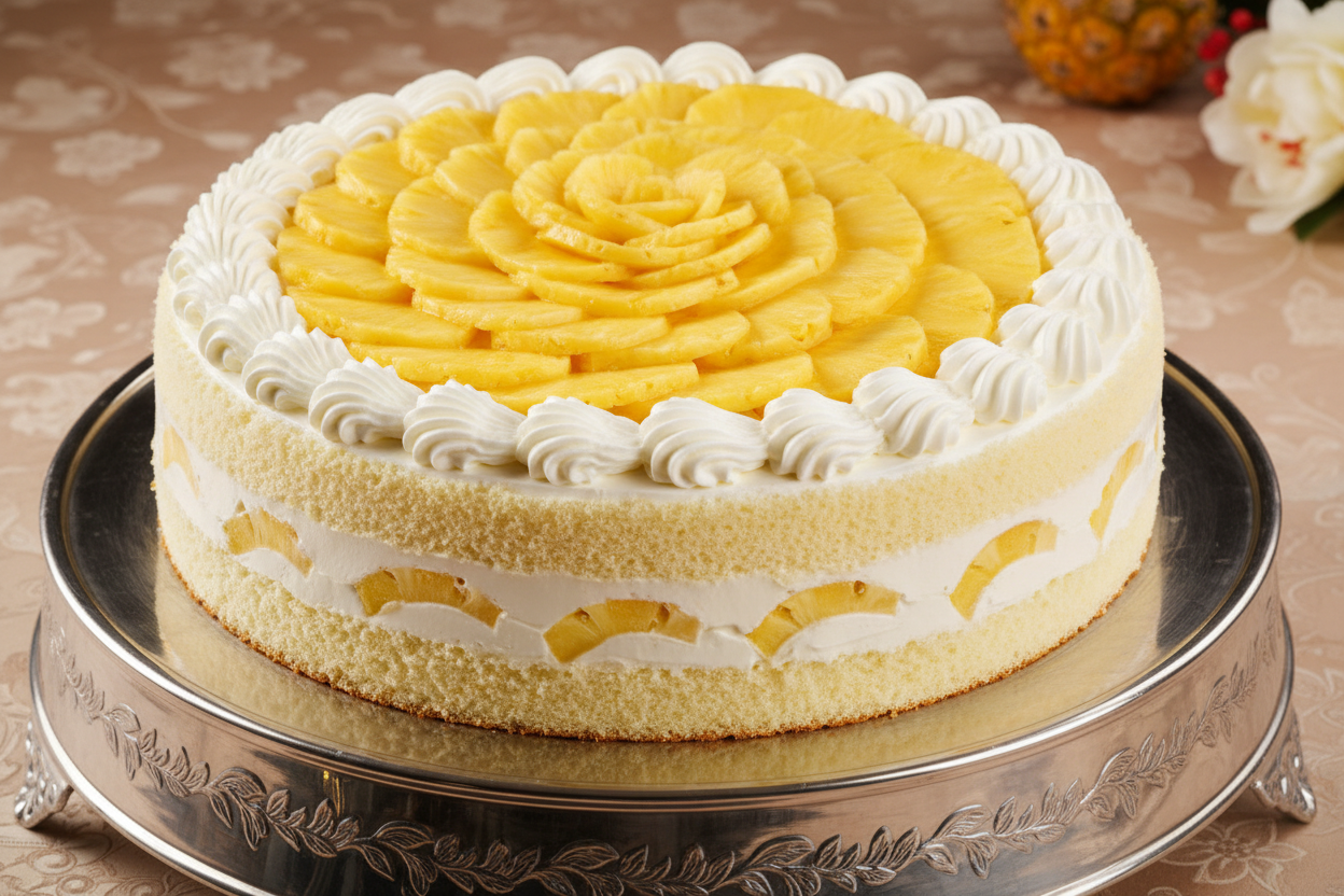 ✨ 4.4 LBS ka Grand Tropical Delight! Yeh Avari Hotel ka special Pineapple Cake hai. Light, fluffy sponge layers, jise sweet cream aur juicy Pineapple chunks ki generous filling se layered kiya gaya hai. Full-size, soft, fruity, aur large gatherings ke liye ek refreshing treat!

⚠️ Delivery Note

This product is available for delivery in Lahore only.

🎁 Includes:

4.4 LBS (Approx. $2.0 \text{ kg}$) of light, moist sponge cake.

Sweet cream and generous pineapple pieces filling.

From Avari Hotel Lahore
