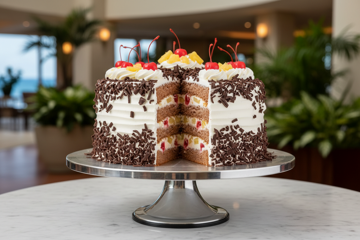 🍍 4.4 LBS ka Ultimate Tropical Classic! Yeh cake Black Forest ka luxurious aur fruity twist hai. Isme hain moist chocolate sponge layers, jise fresh cream, cherries, aur sweet, juicy Pineapple chunks ki generous filling se layered kiya gaya hai. Rich, fresh, aur ek dam indulgent—har bite mein chocolate aur fruit ka mazza!

🎁 Includes:

4.4 LBS (Approx. $2.0 \text{ kg}$) of light chocolate sponge.

Sweet cream, maraschino cherries, aur pineapple pieces ki filling.

From Nishat Hotel Lahore
