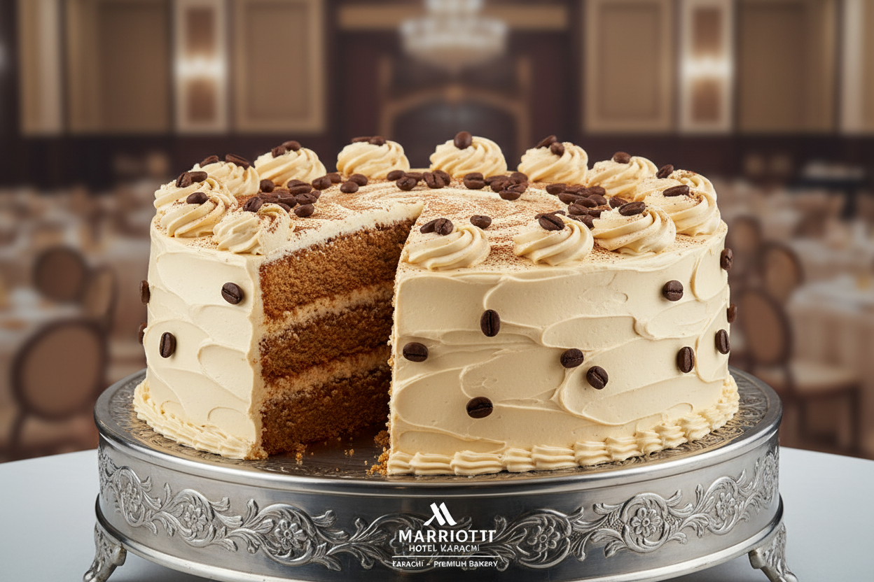 4.4 LBS ka yeh shahi aur mazedaar Coffee Cake aapki bari mehfilon ke liye perfect hai! Coffee ke deewanon ke liye yeh cake double maza aur khushboo lata hai. Iska rich coffee sponge aur halki meethi frosting har kisi ko pasand aayegi. Yeh bade gatherings ke liye ek ideal centerpiece hai.

🎁 Includes:

4.4 LBS (Approx. 2 kg) of extra-large, freshly baked cake
Classic, rich coffee flavor
Beautifully frosted and decorated (may include coffee beans or dusting)
Free custom message 
from Marriot Karchi Pakistan
