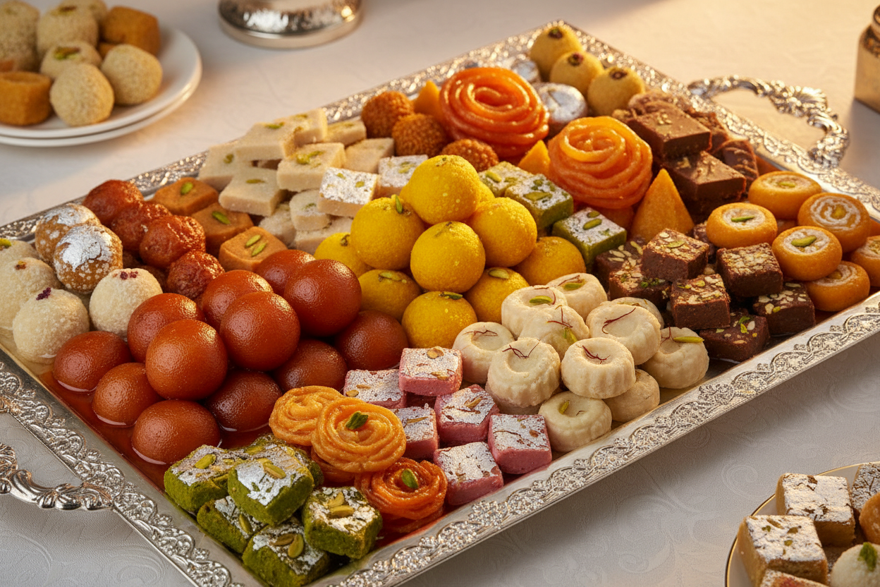 ✨ 4 KG ka Generous, Assorted, aur Luxurious Mix Mithai Platter! Yeh selection Best Vendors ki taraf se carefully curated kiya gaya hai, jismein Har Tarah ki Pasand ka khayal rakha gaya hai. Ismein soft, juicy sweets (like Gulab Jamun/Laddoo) aur dry, rich treats (like various Barfis, Peda, etc.) ka behtareen combination hota hai. High-quality ingredients aur traditional recipes ka istemaal kiya gaya hai. Variety aur Quality ka Shandaar Combination!

⚠️ Delivery Note

This product is sourced from our network