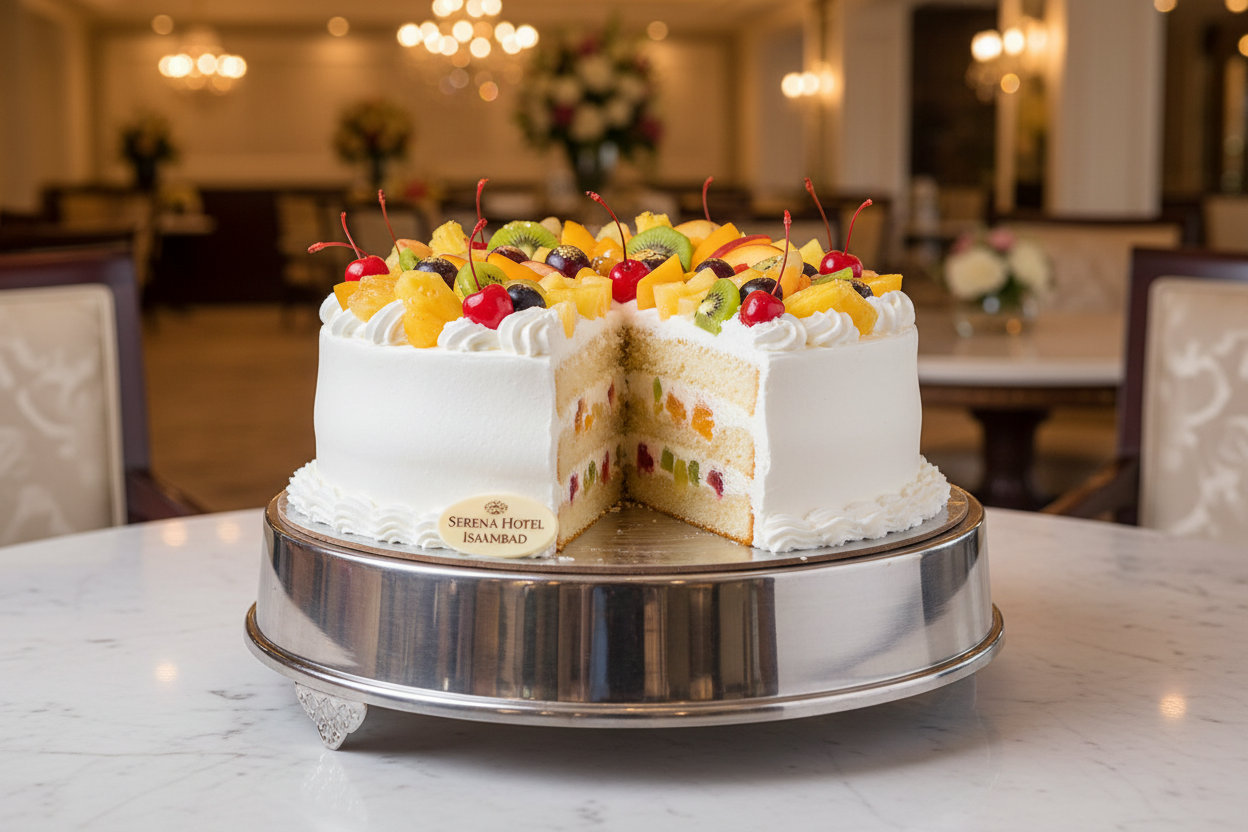 ✨ 4 LBS ka Grand, Light, aur Fruity Delight! Yeh Serena Hotel (Islamabad/Pindi) ka premium Fruit Cocktail Cake है. Isme light, airy sponge layers ko fresh whipped cream aur mixed fruit cocktail (jaise pineapples, peaches, cherries, aur sometimes kiwis/grapes) ki generous layers se stack kiya gaya hai. Cake ki outer surface ko bhi colorful fresh ya glazed fruits se beautifully garnish kiya jata hai. Soft, moist, refreshing, aur har celebration ke liye ek visually appealing aur balanced treat!



⚠️ Delivery 