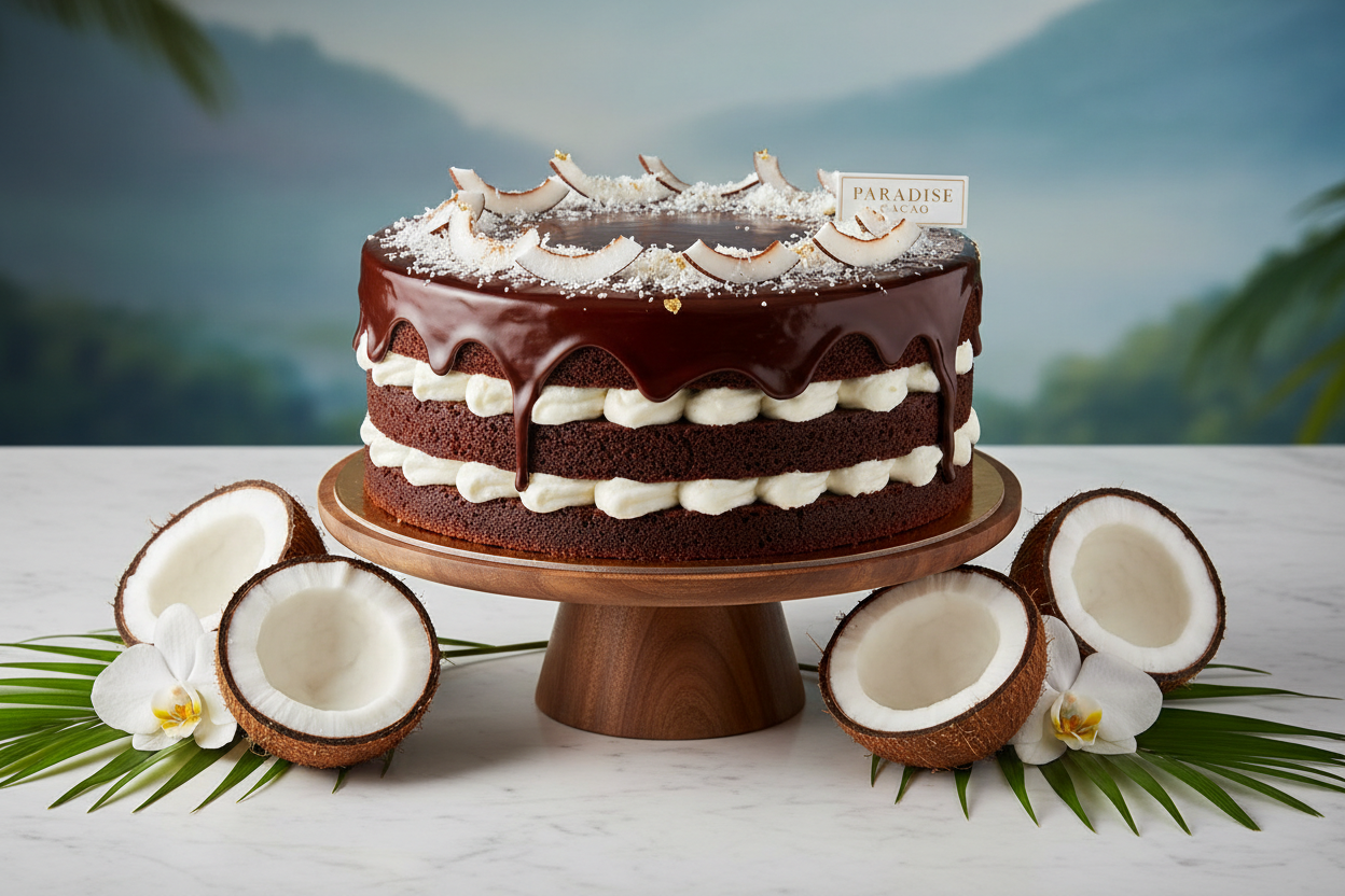 🌴 4 LBS ka tropical twist! Yeh cake unke liye hai jinhe chocolate ke saath exotic coconut ka flavor pasand hai. Moist chocolate layers ke beech mein hai ek sweet, fluffy coconut filling, aur sab kuch dark chocolate ganache se cover kiya gaya hai. A bite of paradise!

🎁 Includes:
4 LBS (Approx. 1.8 \text{ kg}) of tender chocolate cake.
Sweet, creamy coconut filling (just like the candy bar).
Finished with smooth chocolate ganache and coconut shavings.
From Del Frio Bakery Karachi
