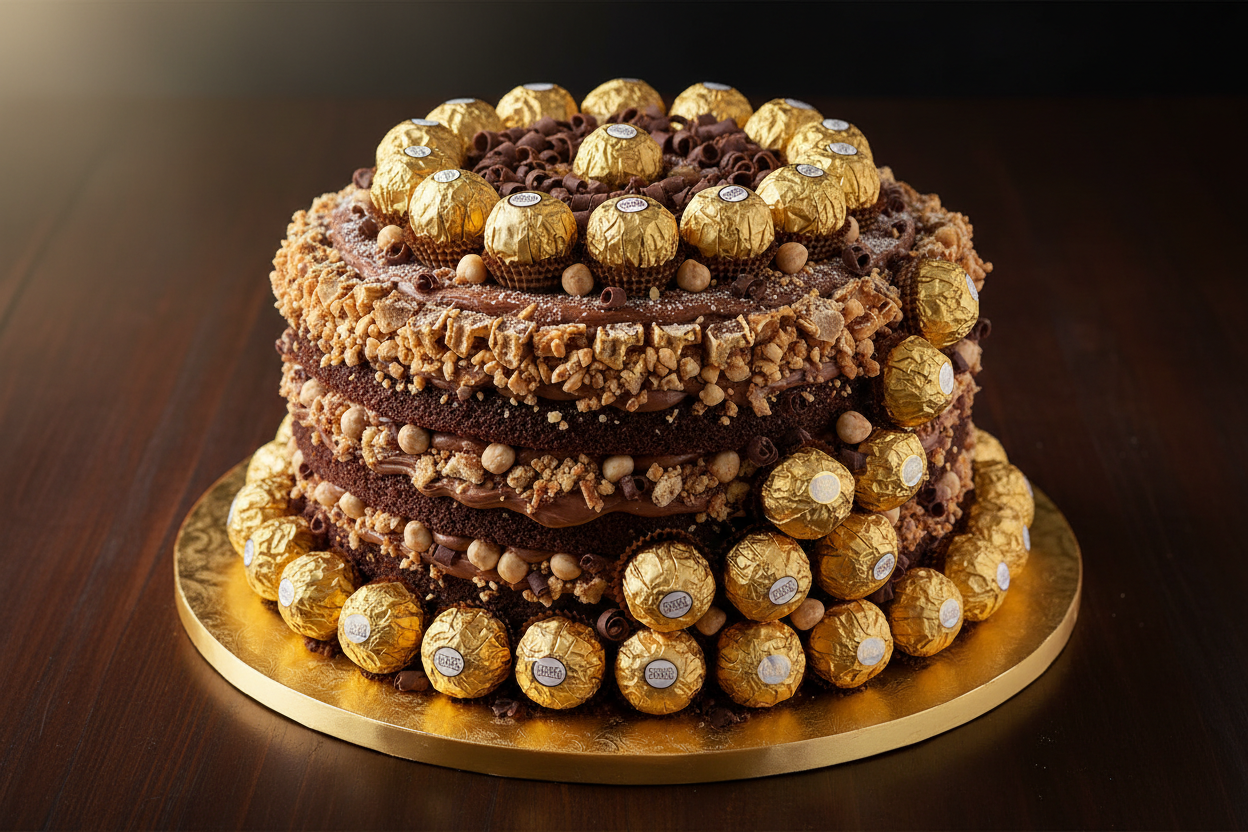 👑 4 LBS of opulence and crunch! Yeh cake hai Ferrero Rocher chocolate ka hi ek grand version. Isme hai hazelnut-infused chocolate sponge, creamy Nutella-like frosting, aur beech mein crispy wafer bits/hazelnuts ka crunch. Upar se puri tarah se real Ferrero Rocher se garnish kiya gaya hai. Simply divine!

🎁 Includes:
4 LBS (Approx. 1.8 \text{ kg}) of hazelnut chocolate cake.
Rich hazelnut/Nutella-flavored frosting.
Crunchy hazelnuts and wafer bits for texture.
From Del Frio Bakery Karachi
