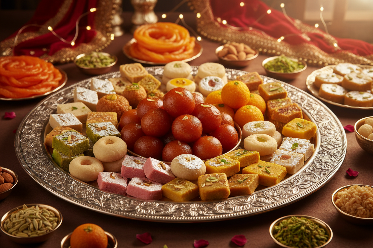 ✨ 6 KG ka Bada, Assorted, aur Luxurious Mix Mithai Platter! Yeh selection Best Vendors ki taraf se carefully curated kiya gaya hai, jismein Har Tarah ki Pasand ka khayal rakha gaya hai. Ismein soft, juicy sweets (like Gulab Jamun/Laddoo) aur dry, rich treats (like various Barfis, Peda, etc.) ka behtareen combination hota hai. High-quality ingredients aur traditional recipes ka istemaal kiya gaya hai. Variety, Quality, aur Quantity ka Shandaar Combination!

⚠️ Delivery Note

This product is sourced from our 