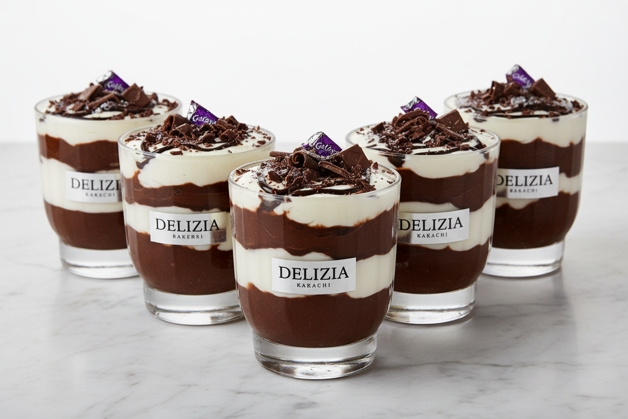 6 pieces ka Galaxy Sundae Dessert—chocolate aur cream ka shandaar mix! Yeh single-serving dessert Galaxy chocolate ke zaiqe se inspired hai. Har piece rich, creamy aur indulgent hota hai.

🎁 Includes:

6 individual servings of Sundae-style dessert
Rich chocolate and creamy layers
Perfect size for individual consumption
From Delizia Bakers Karachi

🍫 Perfect For:

Party Favors, Small Treats, Corporate Gifts, ya jab aapko convenient aur indulgent chocolate dessert chahiye ho.