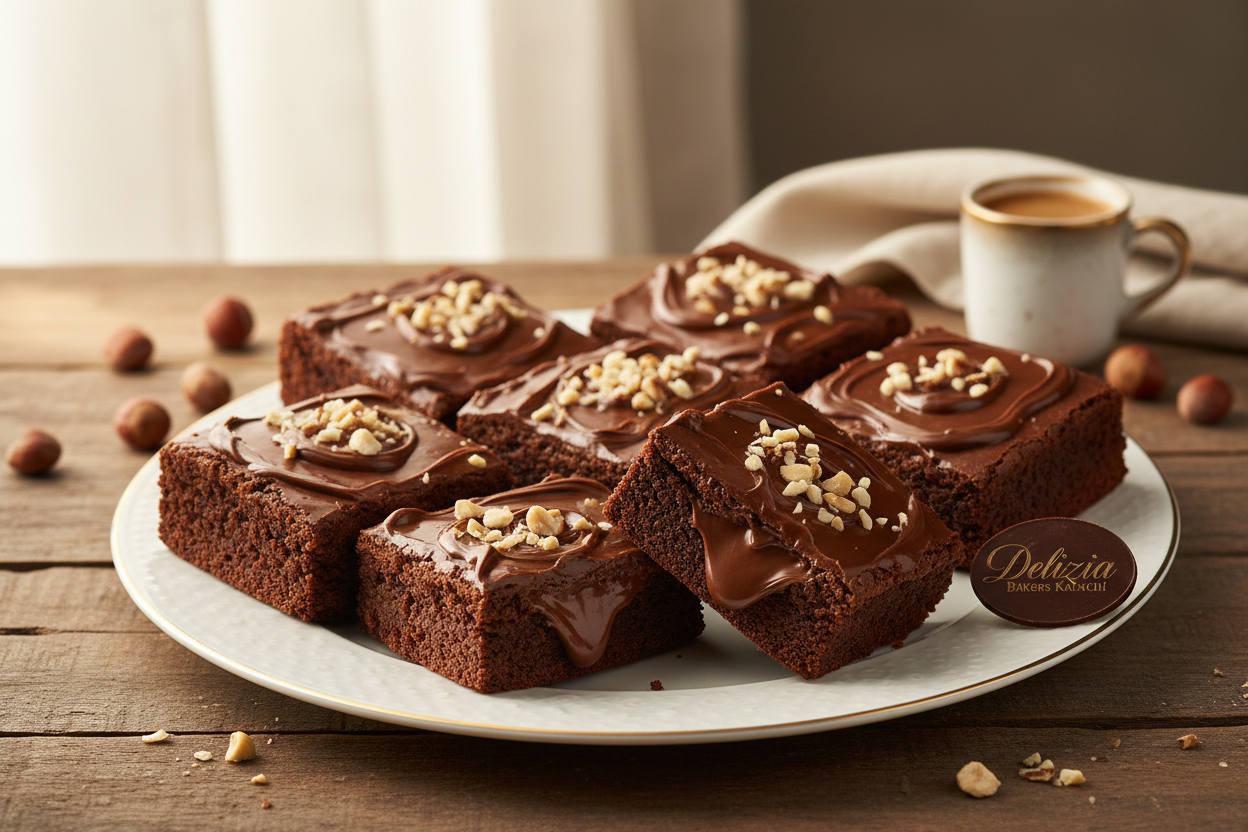 6 pieces ke rich aur fudgy Nutella Brownies! Har brownie mein Nutella (chocolate-hazelnut spread) ki richness aur gooeyness shamil hoti hai. Yeh intense aur satisfying chocolate treat hai.

🎁 Includes:

6 individual pieces of rich chocolate brownies
Flavored and/or topped with Nutella
Fudgy, dense texture
From Delizia Bakers Karachi

🌰 Perfect For:

Nutella Lovers, Small Treats, Coffee Time, ya jab aapko intense chocolate aur hazelnut ka maza chahiye ho.
