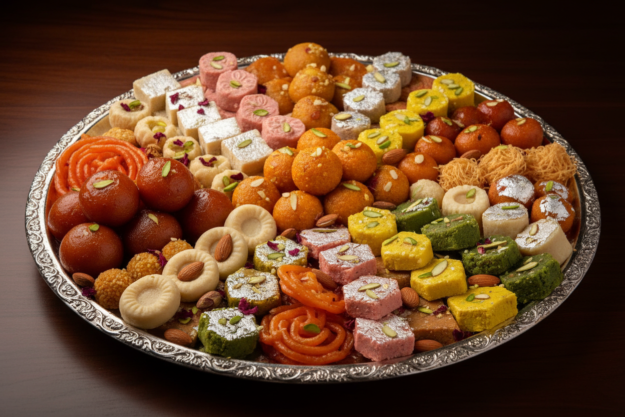✨ 8 KG ka Bada, Assorted, aur Luxurious Mix Mithai Platter! Yeh selection Best Vendors ki taraf se carefully curated kiya gaya hai, jismein Har Tarah ki Pasand ka khayal rakha gaya hai. Ismein soft, juicy sweets (like Gulab Jamun/Laddoo) aur dry, rich treats (like various Barfis, Peda, etc.) ka behtareen combination hota hai. High-quality ingredients aur traditional recipes ka istemaal kiya gaya hai. Variety, Quality, aur Quantity ka Shandaar Combination!

⚠️ Delivery Note

This product is sourced from our 