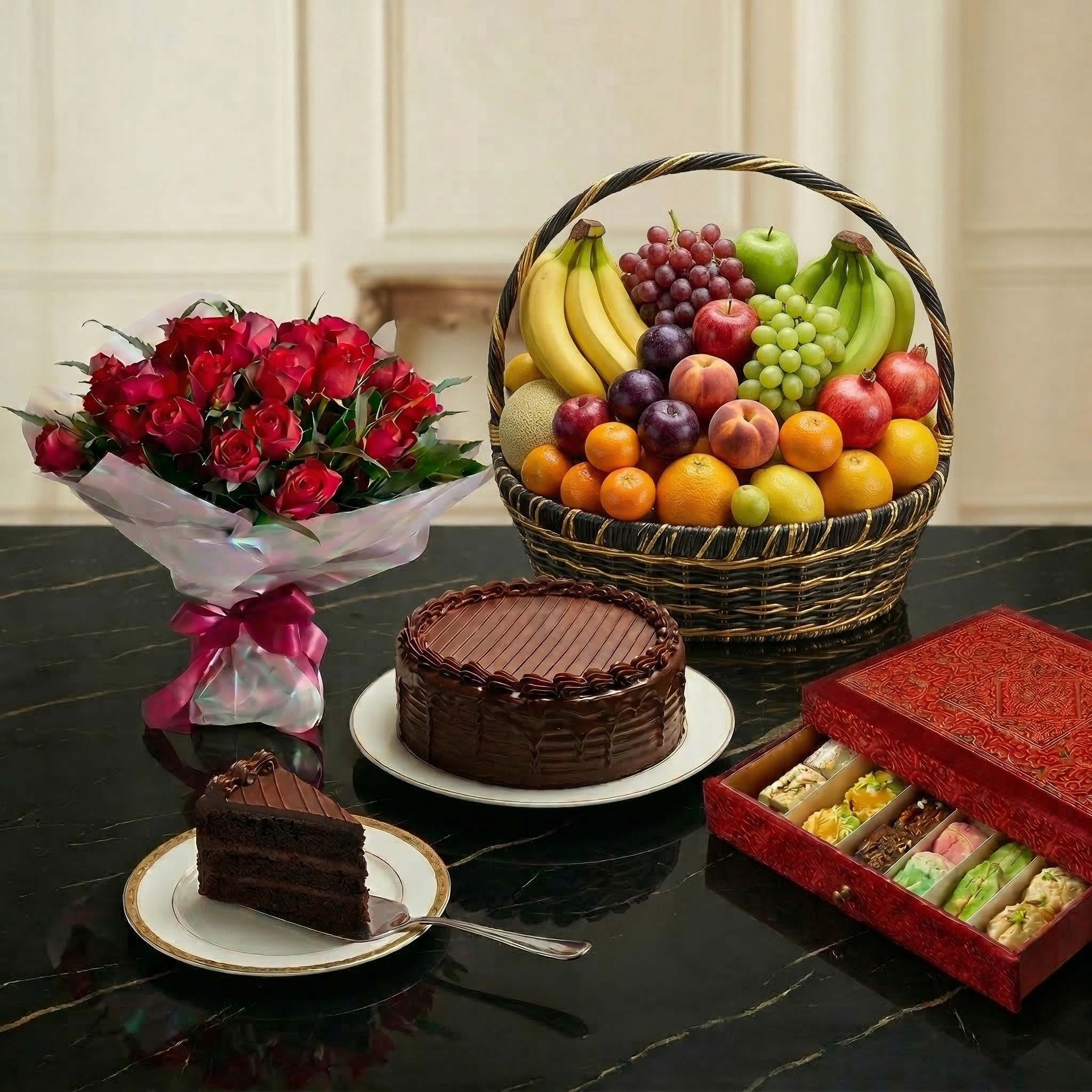 The Luxury Celebration Quartet – 24 Red Roses, 5-Star Cake, 7 KG Fruits & Ferrero Rocher