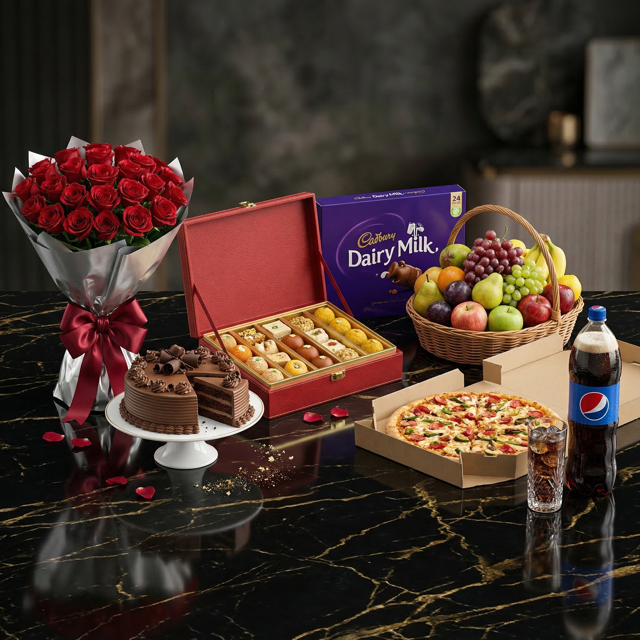 The Grand Imperial Banquet – Roses, 5-Star Cake, Mithai, Chocolates, Fruits & Domino’s Pizza