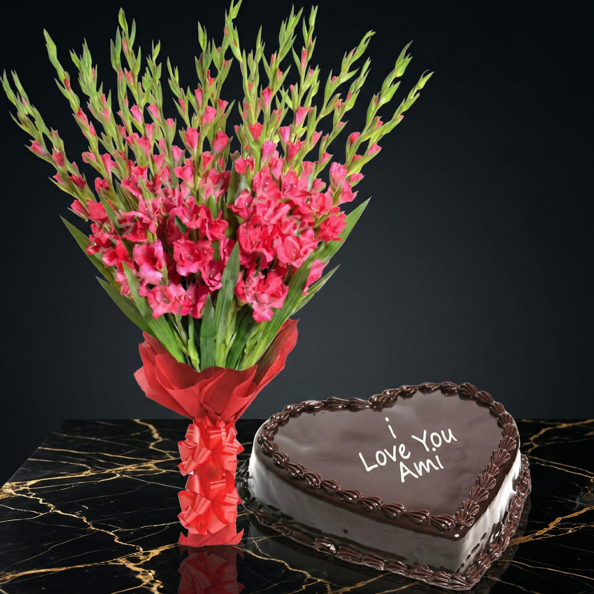 The Heartfelt Tribute – Pink Gladiolus & Heart-Shaped Chocolate Cake