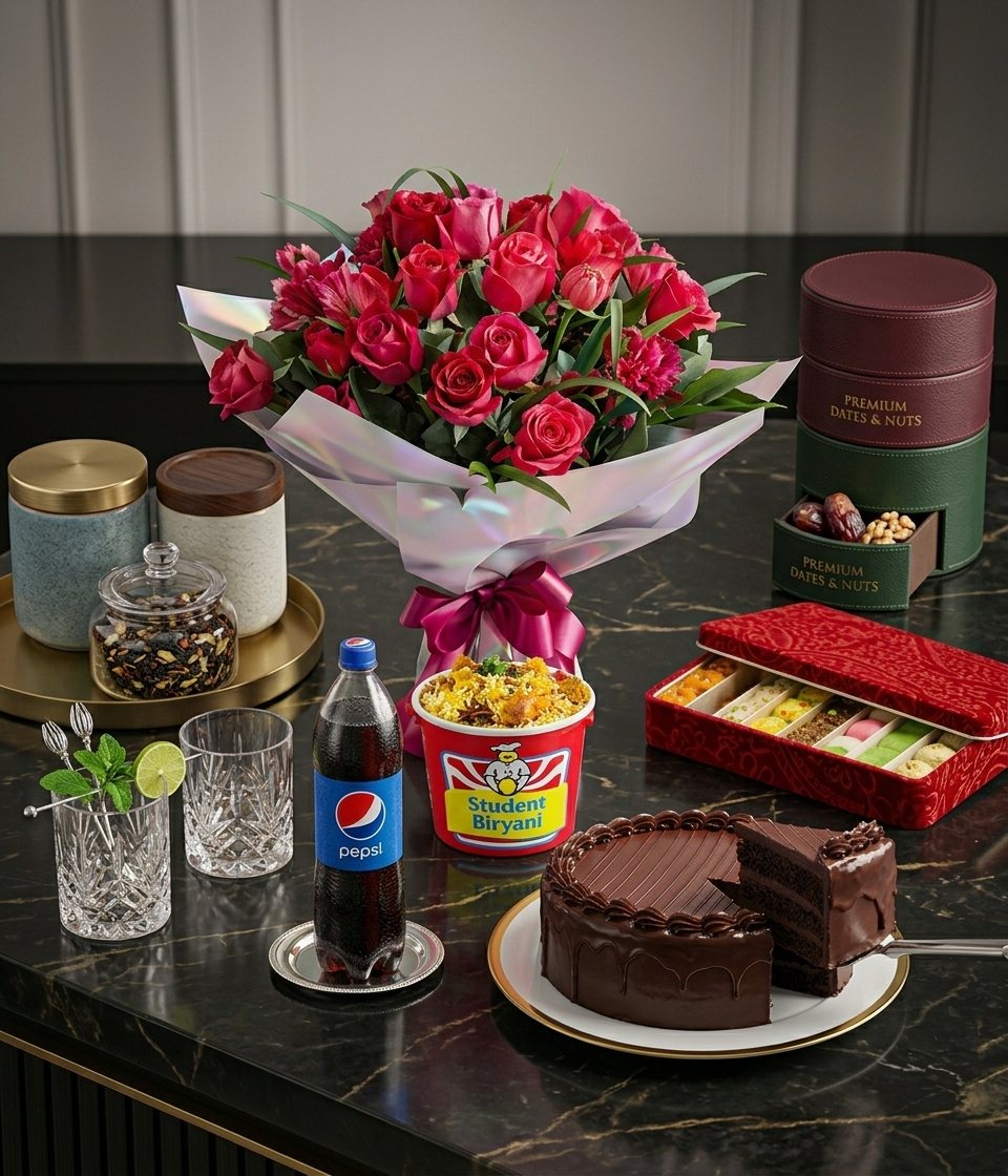 The Ultimate Family Dawat Bundle – 24 Mix Flowers, 7 KG Fruits & Biryani Feast